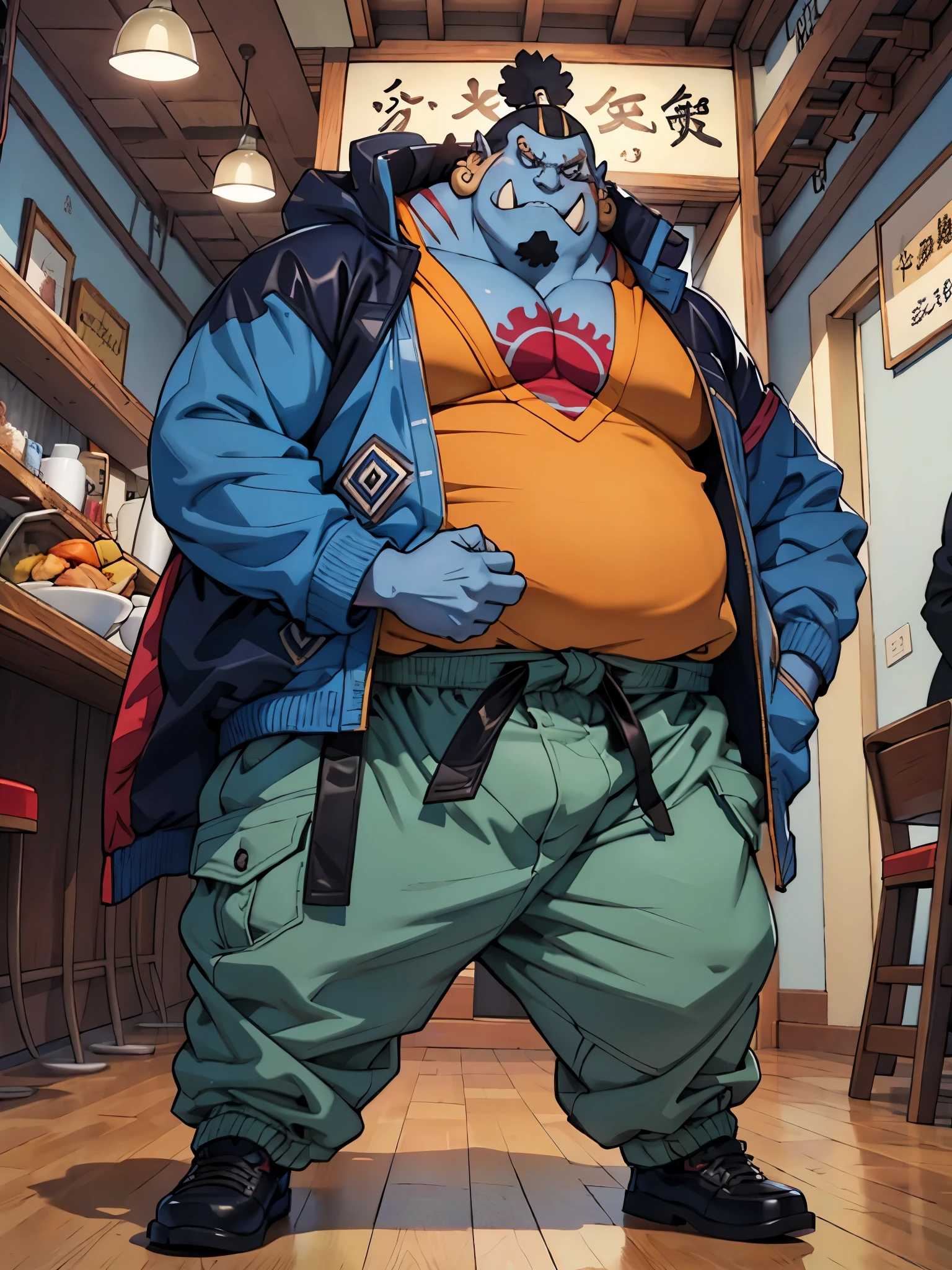 chubby man (jinbei) standing in cafe (wearing pants and jacket), blue skin, fat and muscular, chest tattoo, realistic, 8k, masterpice,