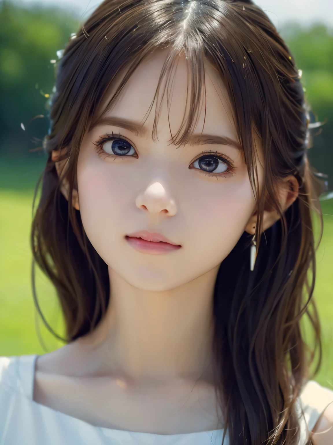 grassland、(You can see both sides:1.6)、(from the chest up:1.6)、laughter、Close-up portrait of a girl wearing white sleeveless top dress and earrings, soft portrait shot 8k, nice delicate face, High quality 4K portraits, high quality portrait, soft and perfect white skin, 8K highly detailed face, beautiful and delicate face, beautiful light big eyes, beautiful and realistic face, with a beautiful girl, beautiful and realistic face, cute girl