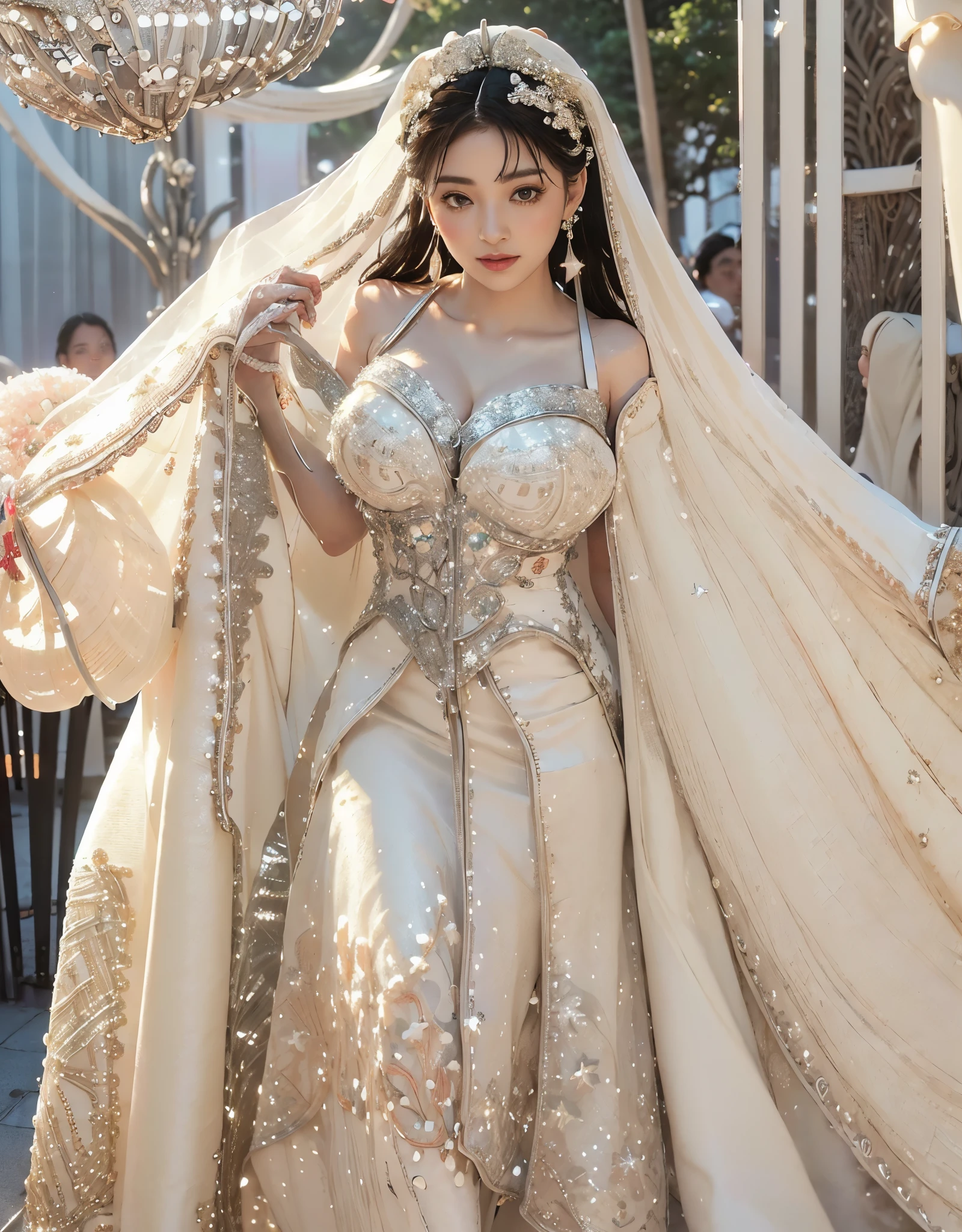 (((very heavy chest))),NSFW, 16k raw photos, highest quality, masterpiece, ultra high resolution, ((highly exposed)).movie, 1 girl,((attractive expression)),eyes shine、 looking at the viewer, 自然な肌の質感very heavy chest))),((((Ivory wedding gown with intricate silver star embroidery:1.4) paired with (metallic silver heels:1.1). Accessorized with (crystal star hair pins:1.3), (moonstone drop earrings:1.2), and (a delicate bracelet with tiny star charms:1.0). )))、((yellow eyes)),Realistic eye and face details, lip whole, lipstick makeup), ponytail, laughter, 美feet, tall woman, ((glowing skin)),((美しいarmpit)), slim_feet, huge breasts, cleavage, beautiful natural places, beautiful flower garden、(detailed background,highly exposed, huge breasts, blurred background,, JK ribbon at the neck, bangs, split your lips、armpit、beautiful hip line、glowing skin、(((eyes shine brightly))),lotion skin、High leg、((black hair)),highly exposed、wind effect、detailed lace veil、