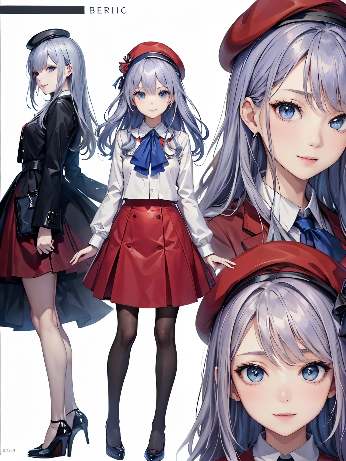 ((Biologically correct number of limbs))、(( from head to toe、Full body photo including face))、4K、((standing position))、masterpiece、((focus on the face))、((Symmetrical facial features))、Eyes of minute description、Beautiful woman、outstanding style、beautiful arms、beautiful legs、beautiful hands、(small ass、thin thighs）、Detailed depiction of faces、small earrings、necklace、(White Latex Uniform、red latex skirt、high heels、stockings）、close up of face、smile、The background is the park in the morning、beret、blue-silver hair、blue eyes、