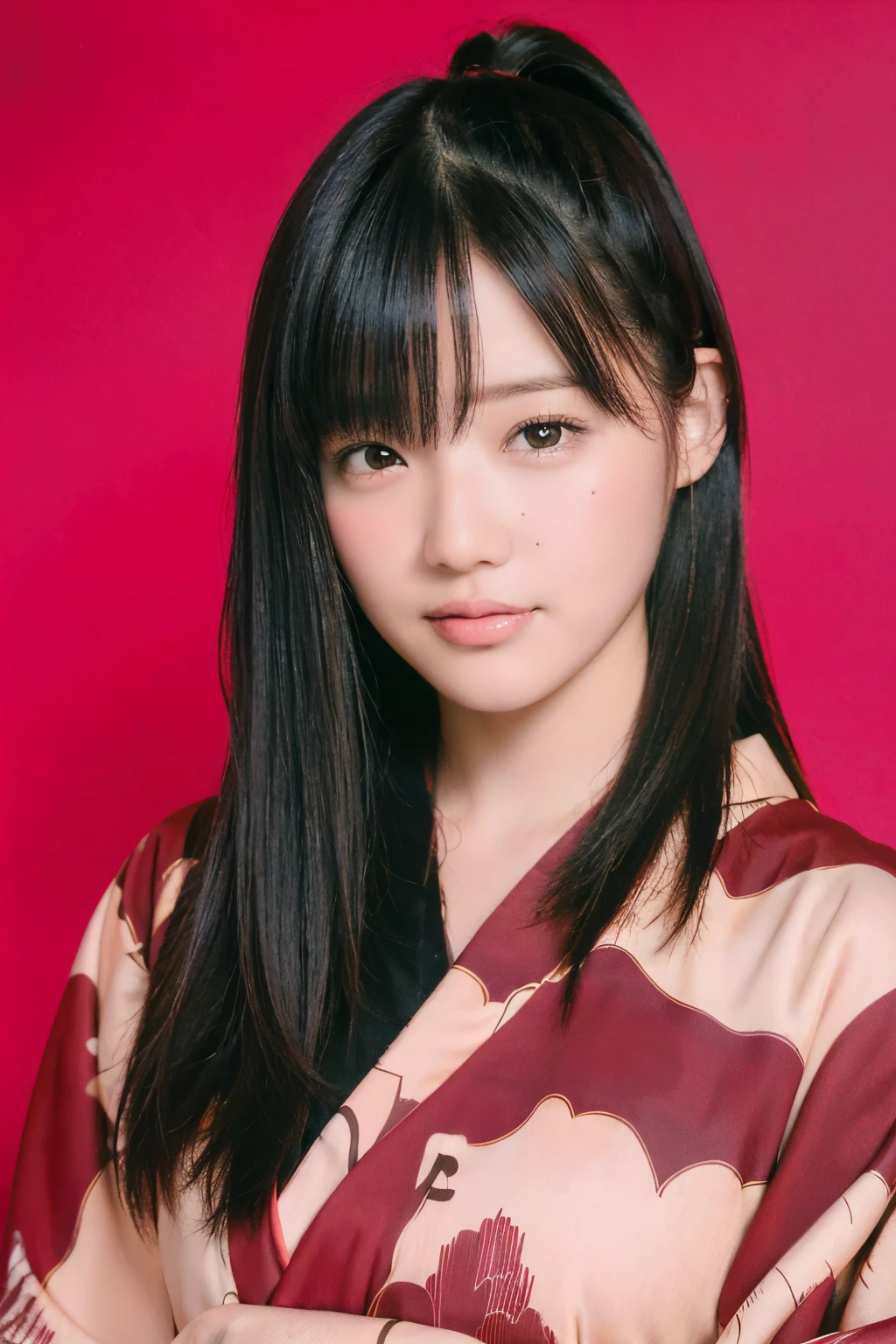bangs,(highest quality,masterpiece:1.2),1 girl,8K,ultra high resolution,super detailed,highest quality,looking at the viewer,perfect lighting,flat light,super high quality,ultra high resolution,masterpiece,realistic,detailed face,(simple background),(maroon background),long long hair,smile, elegant kimono