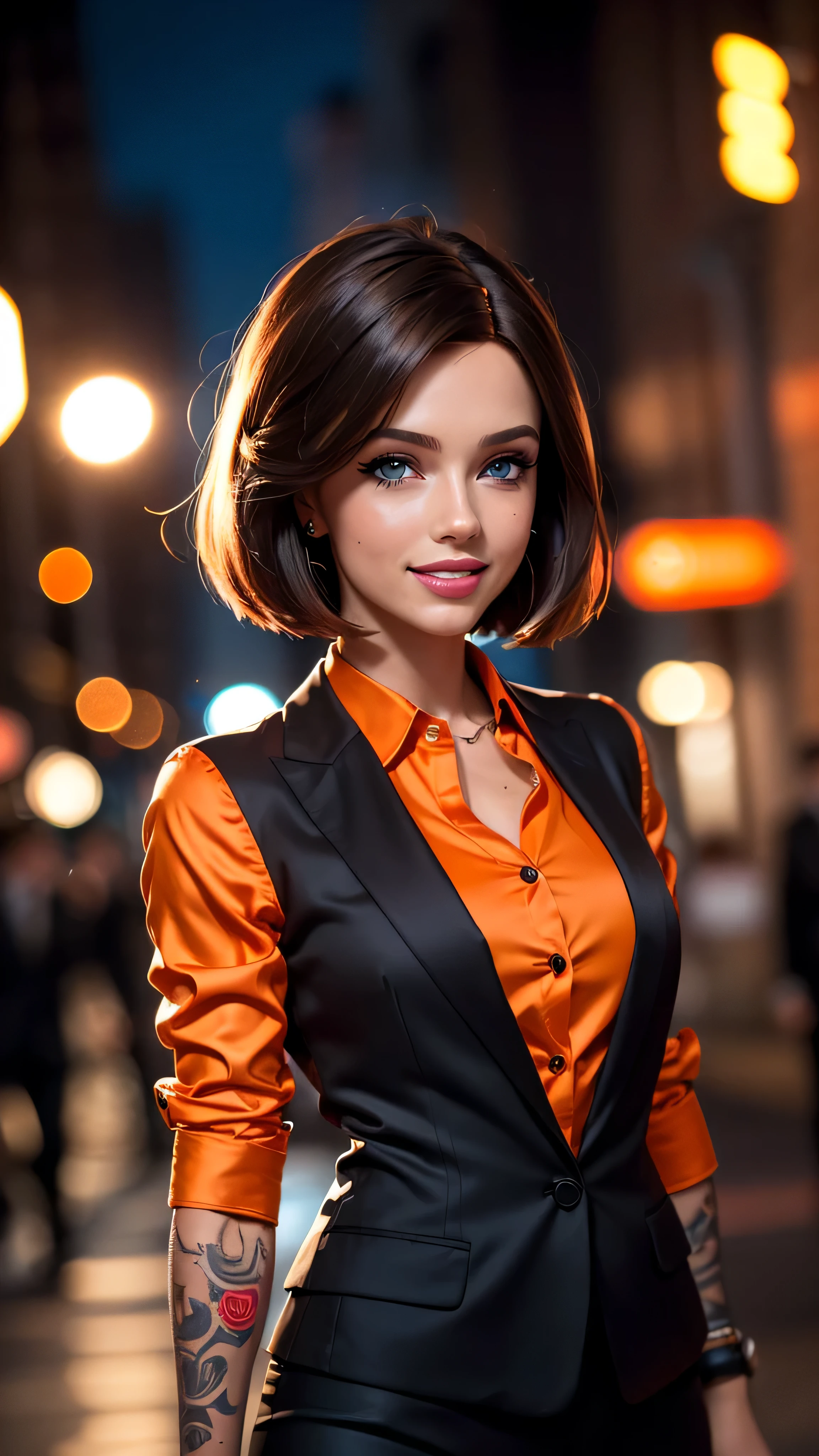 (masterpiece:0.8), best quality:1.5, 8K, cinematic, spotlight, glisten, dark suntan, bokeh, city street background, (realistic), skinny athletic girl (barbie face, (black men's business suit, yellow shirt)), blemish:0.5, (clearblue eyes, long blonde hair, ponytail, smiling)