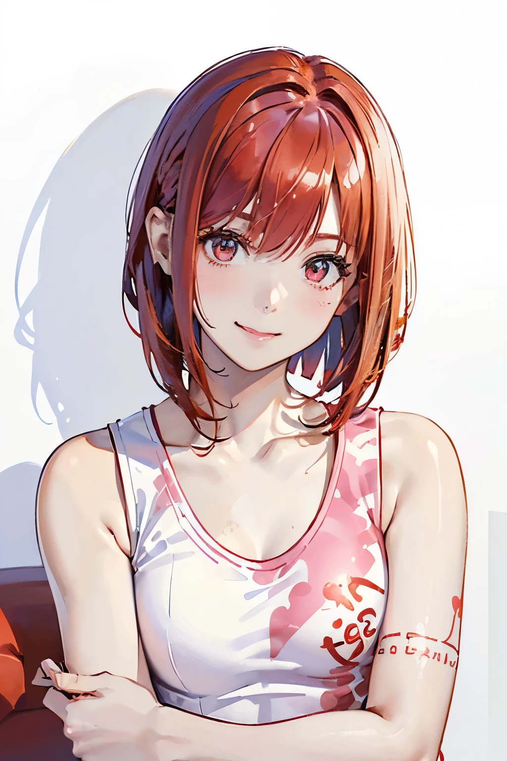(highest quality, 8K, oil, table top:1.2), Super detailed, (realistic, realistic:1.37), (((bust shot)))、Bright colors, (((I&#39;m smiling)))、(((white and pink tank top)))、(((camouflage tank top)))、(((stroking my lips)))、studio lighting, (((redhead)))、(((shoulder length bob hair)))、((( white background))), (((It&#39;s a fun expression)))、(((girly hairstyle)))、(((I have red hair)))、(((in front of a white wall)))、(((The background is a pure white wall)))、(((I have a kanji tattoo on my right arm.)))