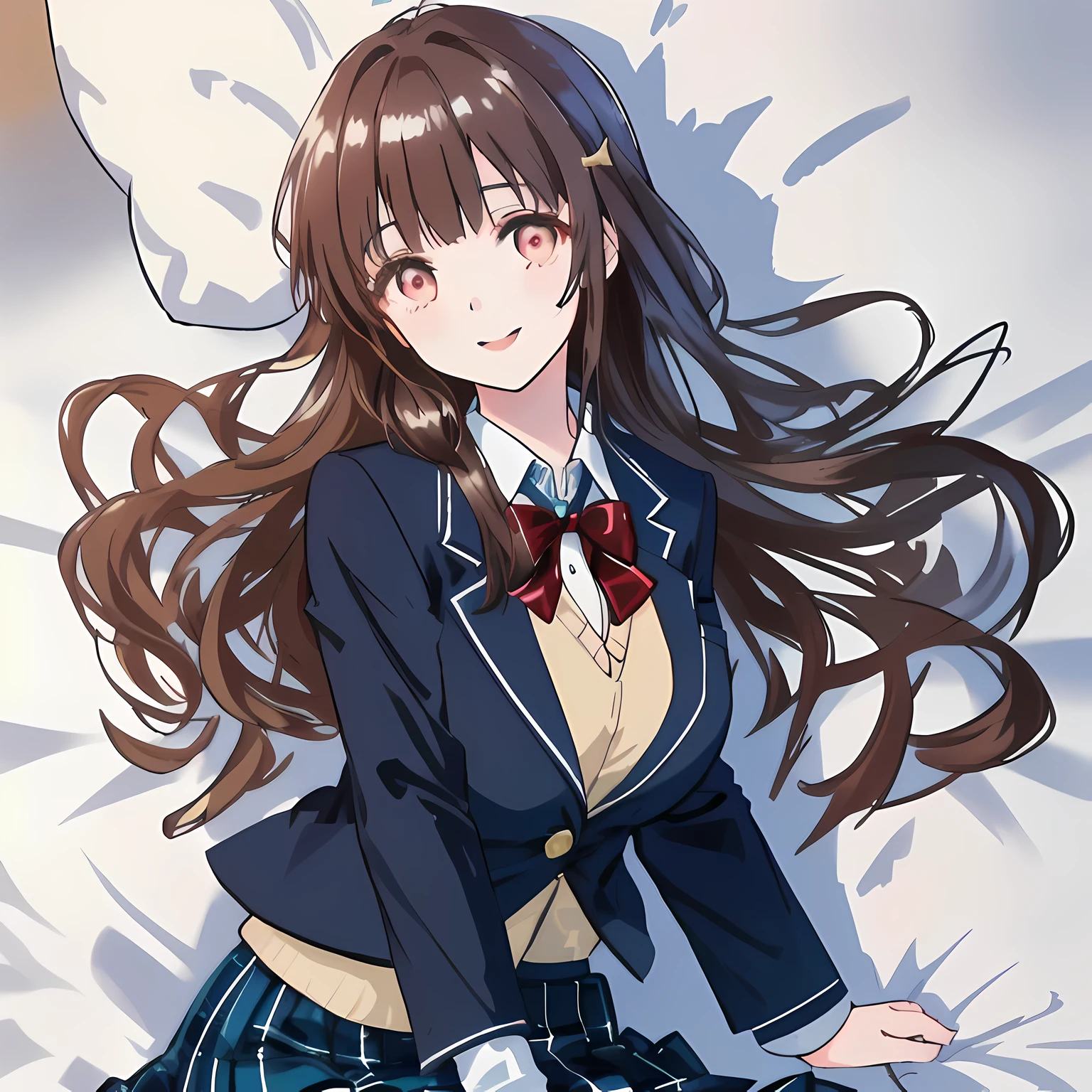 highest quality, (masterpiece:1.2), High resolution, perfect pixel, One so beautiful woman is lying on the bed, , ((big very detailed beautiful eyes like angel)), ((girly large wine-red glossy polyester Japanese school ribbon bow tie)), (((long beautiful wavy hair))), ((((dark blue & deep navy colored tartan checkered long skirt)))), ((A formal dark blue blazer that is slightly larger and has a gold emblem on the left chest that feels like the texture of the cloth.)), Watching the viewer and laughing, Very fun, Very happy, mouth is open, the skirt is so cute, detailed fingers, modest chest, curled bangs, Lip balm, so beautiful, checkered comforter, checkered bed sheet, cute long ribbons on the bed, long eyelashes, ((Skirt and bow tie is photo realistic)), ((bed is photo realistic)), windy, Appeal to viewers, big long girly hair ribbons, Impressive and very beautiful eyes