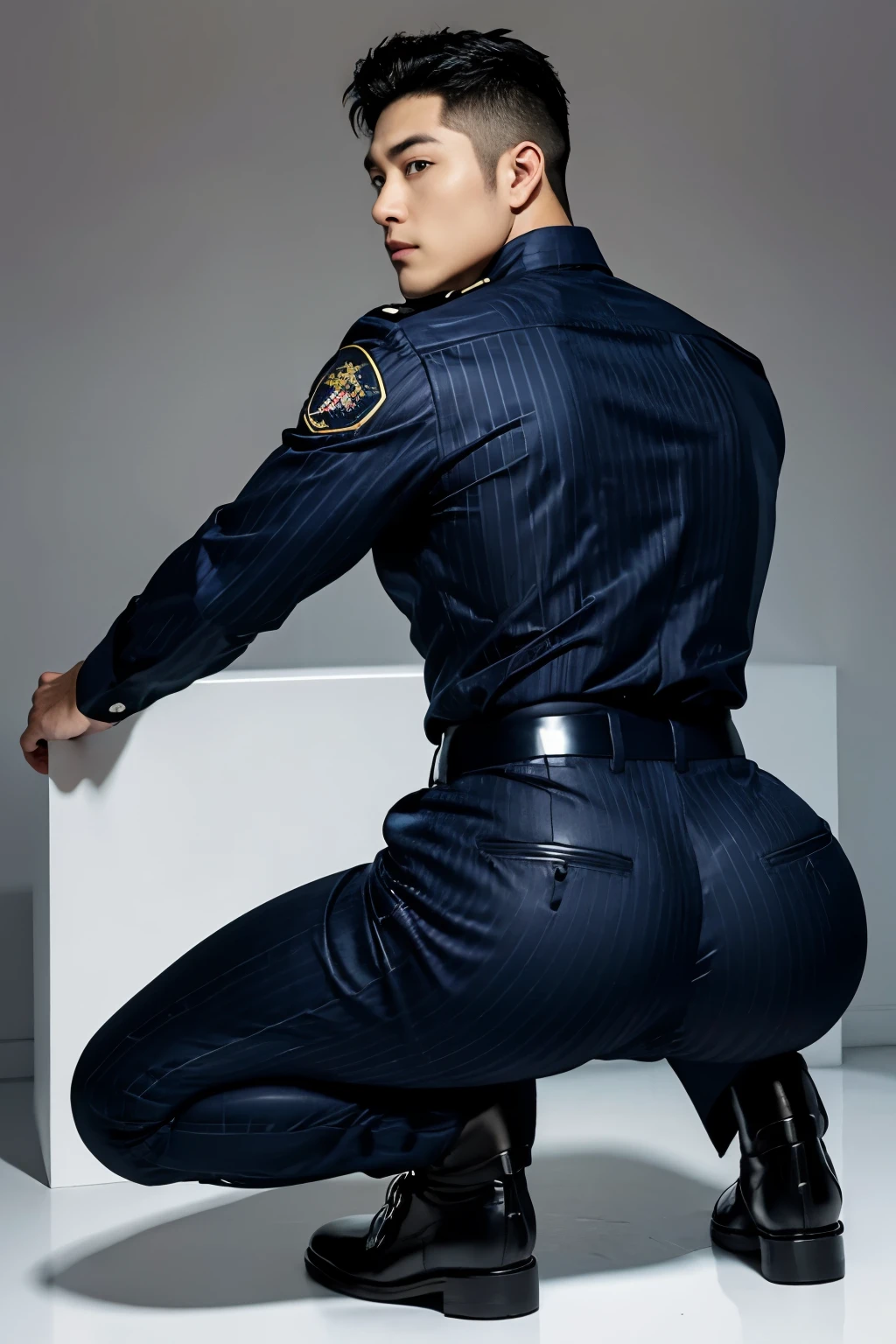 40-year-old boy ,Korean bulky male officer ,Wear navy blue police uniform shirt................ pinstripe navy blue smooth tight trouser, transparent pants obvious underwear print ,((unrealistic super big tight butt wearing pants)), turn back to look at the camera, squatting on the ground.
