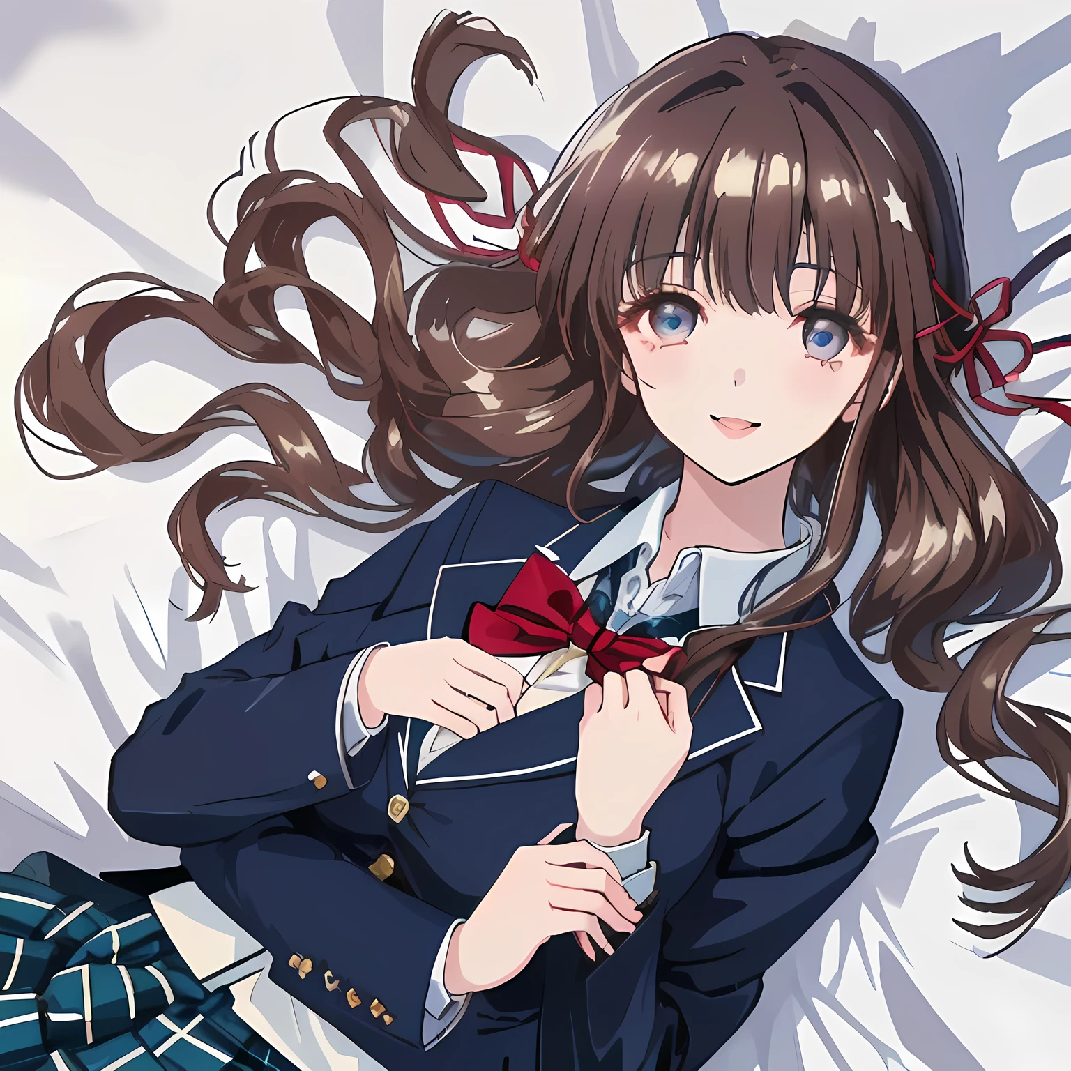 highest quality, (masterpiece:1.2), High resolution, perfect pixel, One so beautiful woman is lying on the bed, , ((big very detailed beautiful eyes like angel)), ((girly large wine-red glossy polyester Japanese school ribbon bow tie)), (((long beautiful wavy hair))), ((((dark blue & deep navy colored tartan checkered long skirt)))), ((A formal dark blue blazer that is slightly larger and has a gold emblem on the left chest that feels like the texture of the cloth.)), Watching the viewer and laughing, Very fun, Very happy, mouth is open, the skirt is so cute, detailed fingers, modest chest, curled bangs, Lip balm, so beautiful, checkered comforter, checkered bed sheet, cute long ribbons on the bed, long eyelashes, ((Skirt and bow tie is photo realistic)), ((bed is photo realistic)), windy, Appeal to viewers, big long girly hair ribbons, Impressive and very beautiful eyes