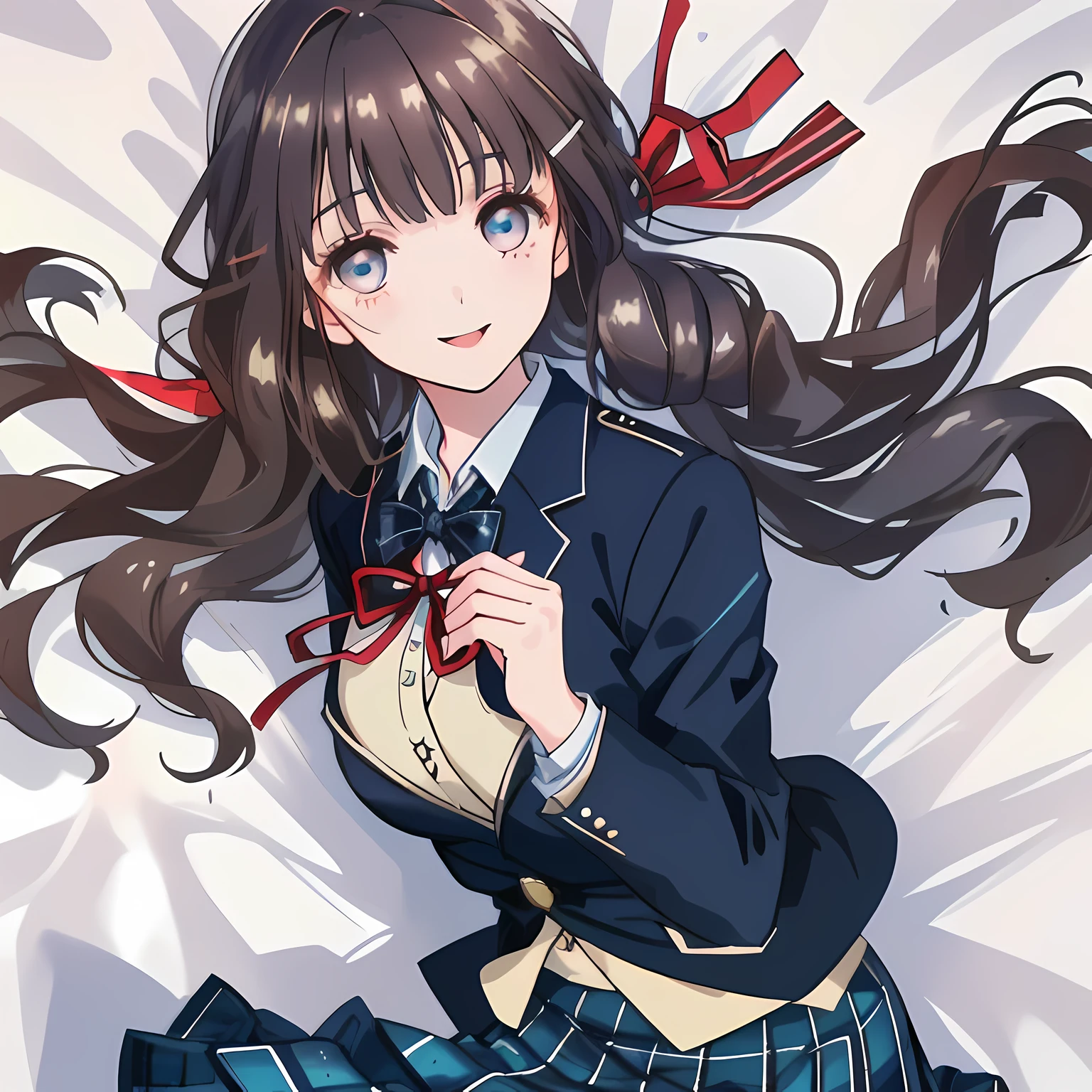 highest quality, (masterpiece:1.2), High resolution, perfect pixel, One so beautiful woman is lying on the bed, , ((big very detailed beautiful eyes like angel)), ((girly large wine-red glossy polyester Japanese school ribbon bow tie)), (((long beautiful wavy hair))), ((((dark blue & deep navy colored tartan checkered long skirt)))), ((A formal dark blue blazer that is slightly larger and has a gold emblem on the left chest that feels like the texture of the cloth.)), Watching the viewer and laughing, Very fun, Very happy, mouth is open, the skirt is so cute, detailed fingers, modest chest, curled bangs, Lip balm, so beautiful, checkered comforter, checkered bed sheet, cute long ribbons on the bed, long eyelashes, ((Skirt and bow tie is photo realistic)), ((bed is photo realistic)), windy, Appeal to viewers, big long girly hair ribbons, Impressive and very beautiful eyes