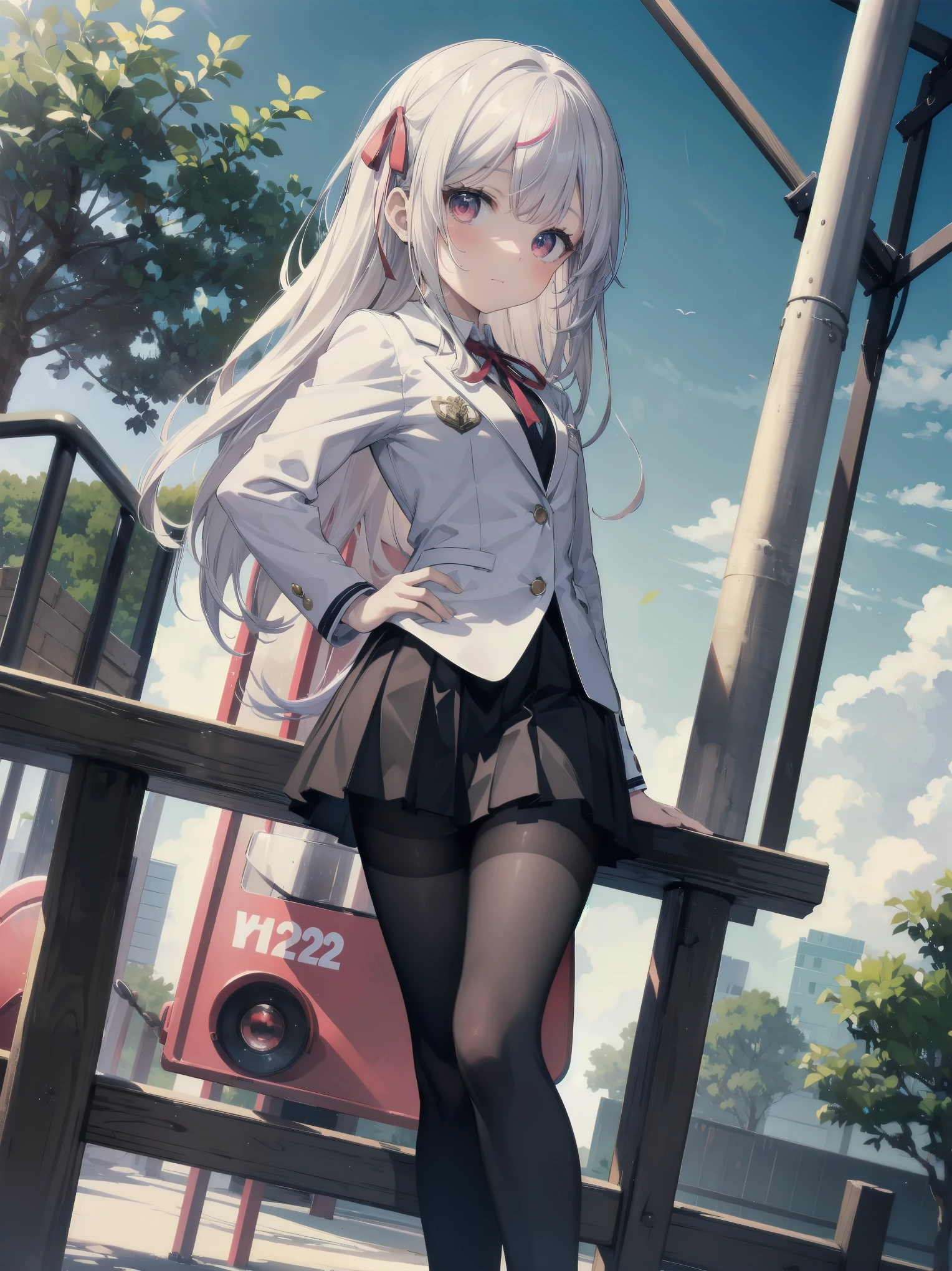 (Masterpiece: 1. 2), (Top quality: 1. 2), Anime girl, Cute, Fashionable ribbon, Red intricate fine eye, White woman's blouse, Brand grey blazer, Small red ribbon on chest, Very young, cute, tiny, girl, Female academy , Pre-skirt, Black tights, Fine fine fine Tights, Full Length, Young girl looking back from the side, Front View, Alone, Mocking and super cute, Thighs open left and right, Prestigious branded uniform, Background sitting on park play equipment, Legs open looking at me, Colourful background, Beautiful shading effect, Pretty like a scene from a movie Character pose.