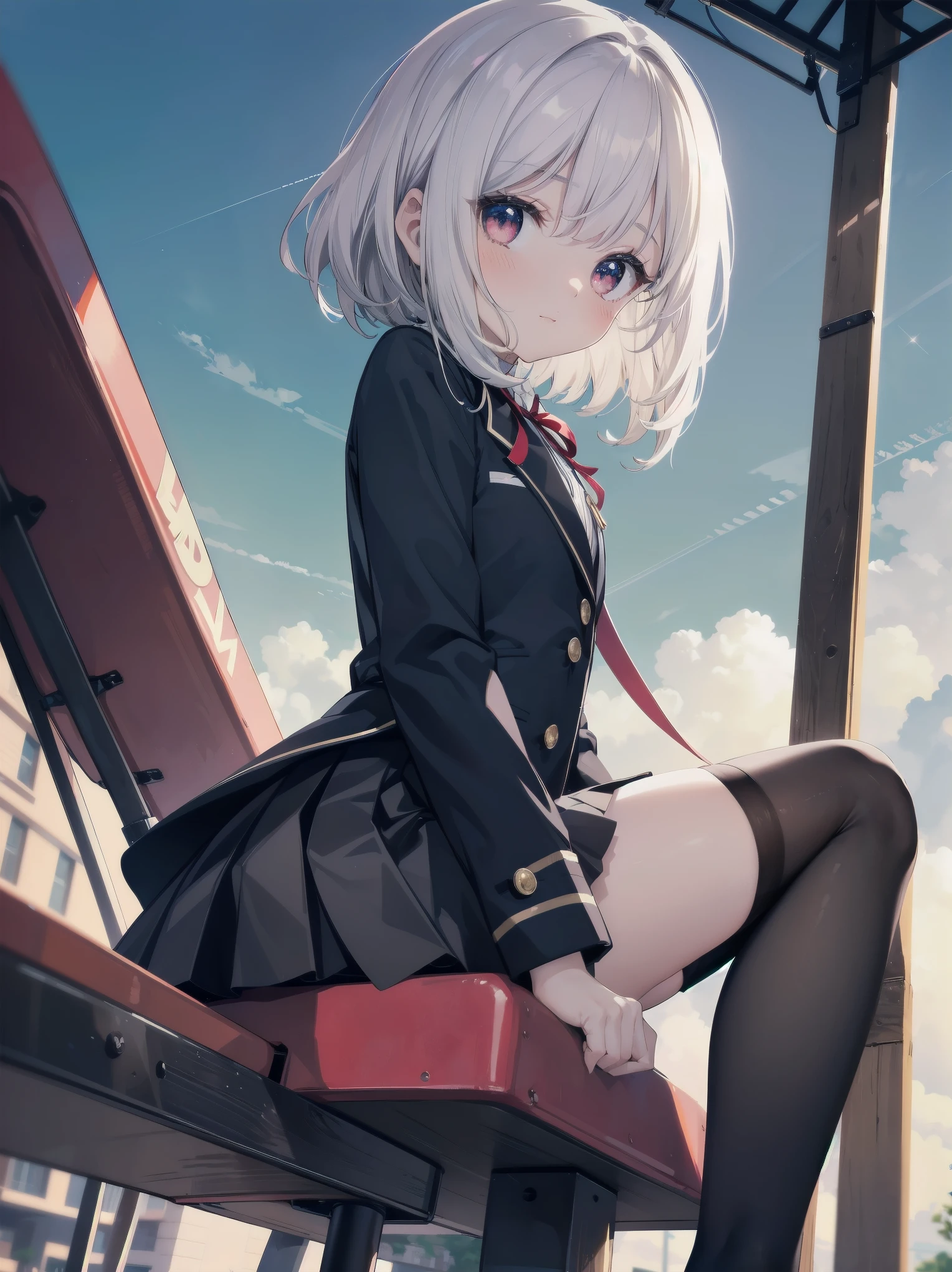 (Masterpiece: 1. 2), (Top quality: 1. 2), Anime girl, Cute, Fashionable ribbon, Red intricate fine eye, White woman's blouse, Brand grey blazer, Small red ribbon on chest, Very young, cute, tiny, girl, Female academy , Pre-skirt, Black tights, Fine fine fine Tights, Full Length, Young girl looking back from the side, Front View, Alone, Mocking and super cute, Thighs open left and right, Prestigious branded uniform, Background sitting on park play equipment, Legs open looking at me, Colourful background, Beautiful shading effect, Pretty like a scene from a movie Character pose.