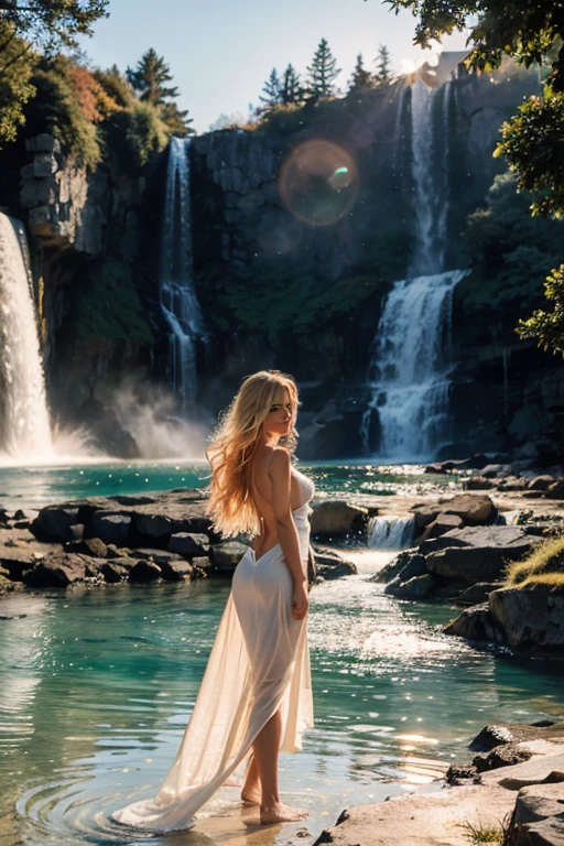 Ultra-realistic sunset image featuring a beautiful blonde woman standing in front of a breathtaking waterfall landscape in the mountains.The waterfall cascades down from great height, the gold and orange hues of the sun illuminating its crystal-clear waters, creating a mesmerizing sight. The blonde woman, with her long, glossy hair flowing down her back, gazes at the sunset with an engaged and seductive smile. The image is captured in an 8k ultra-high definition, using a Canon EOS R5, a 50mm lens, and an F/2.8 aperture. The bokeh effect adds depth and intrigue to