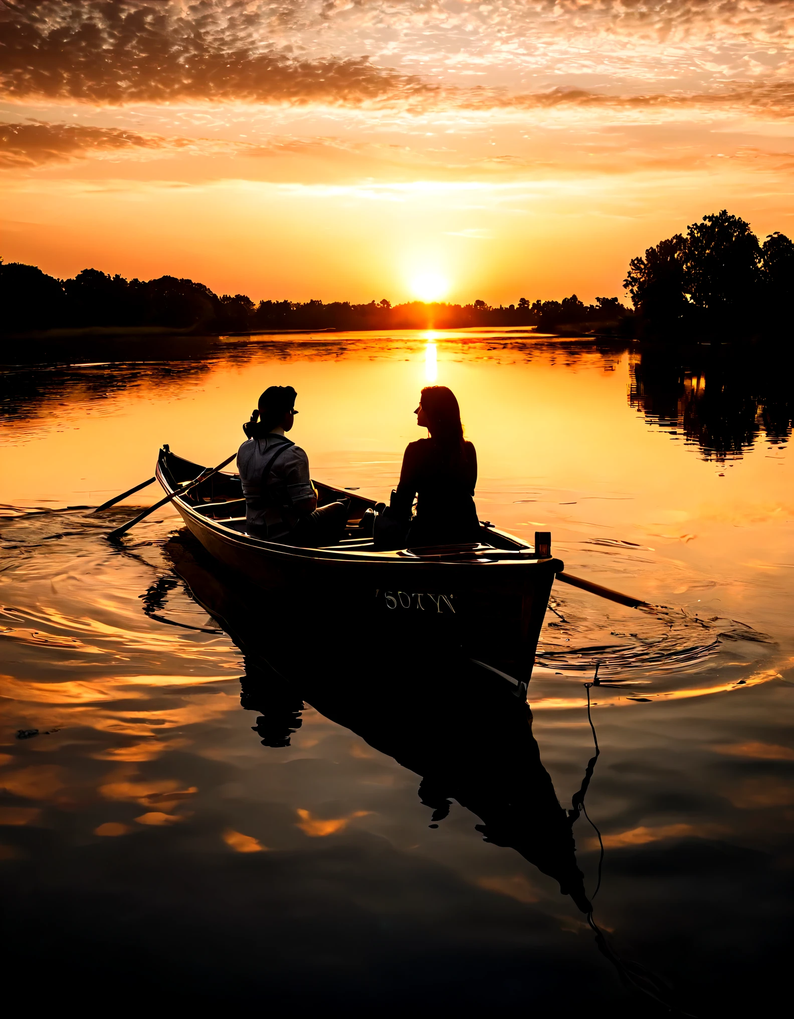 afterimage, close-up, vanishing point, from above, UHD, masterpiece, high details, high quality, award winning, best quality, best quality, highres, 16k，Golden pond，sunset，sparkling，（Backlit background of couple on boat） ，silhouette，equipment:SonyA77(Standalone) [SONY（Sony）digital camera] lens:70-300mm F4-5.6 SSM time:2017-09-24 17:37:02 Shutter:1/8000 aperture:F/6.3 Focal length:300mm sensitivity:0