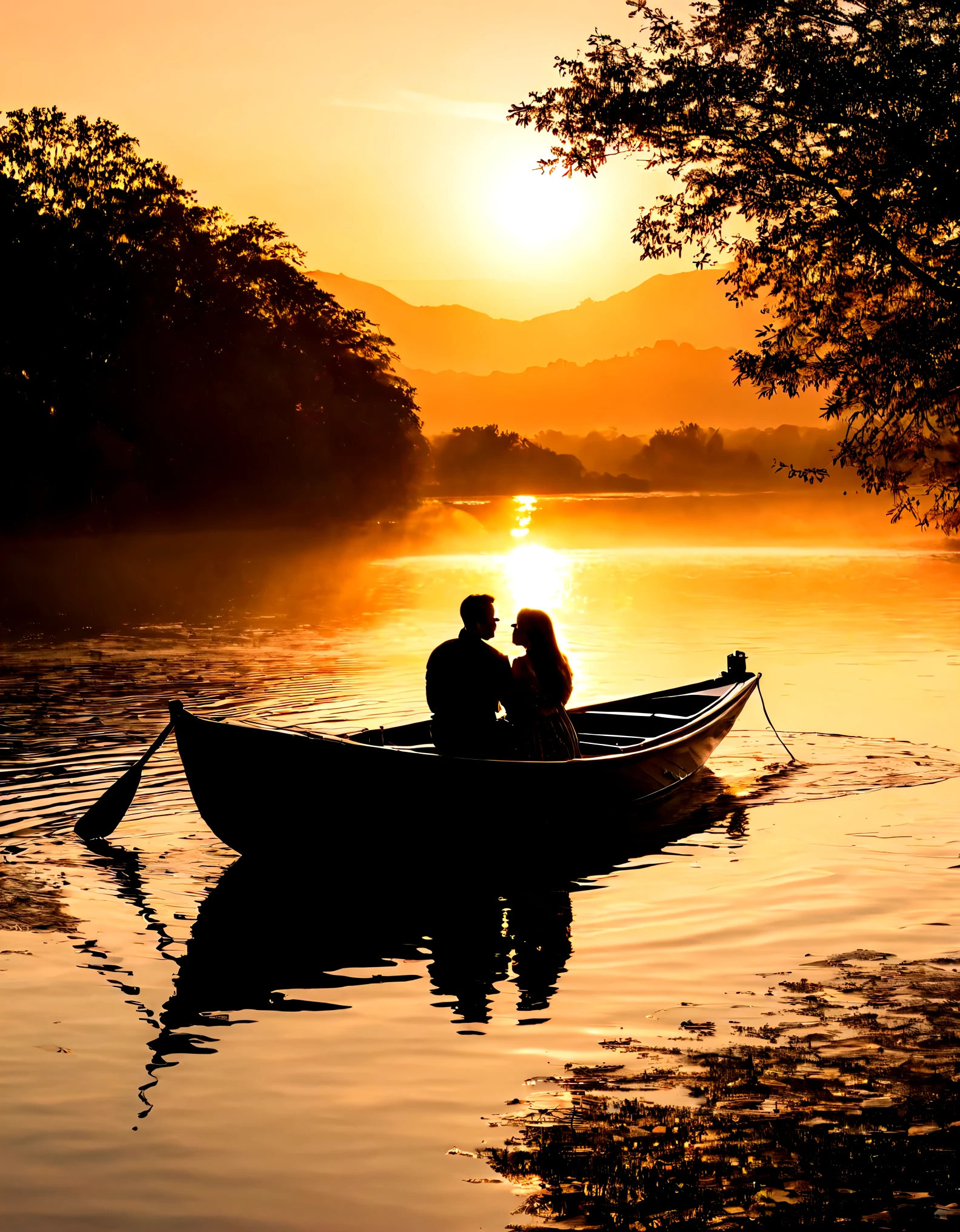 afterimage, close-up, vanishing point, from above, UHD, masterpiece, high details, high quality, award winning, best quality, best quality, highres, 16k，Golden pond，sunset，sparkling，（Backlit background of couple on boat） ，silhouette，equipment:SonyA77(Standalone) [SONY（Sony）digital camera] lens:70-300mm F4-5.6 SSM time:2017-09-24 17:37:02 Shutter:1/8000 aperture:F/6.3 Focal length:300mm sensitivity:0