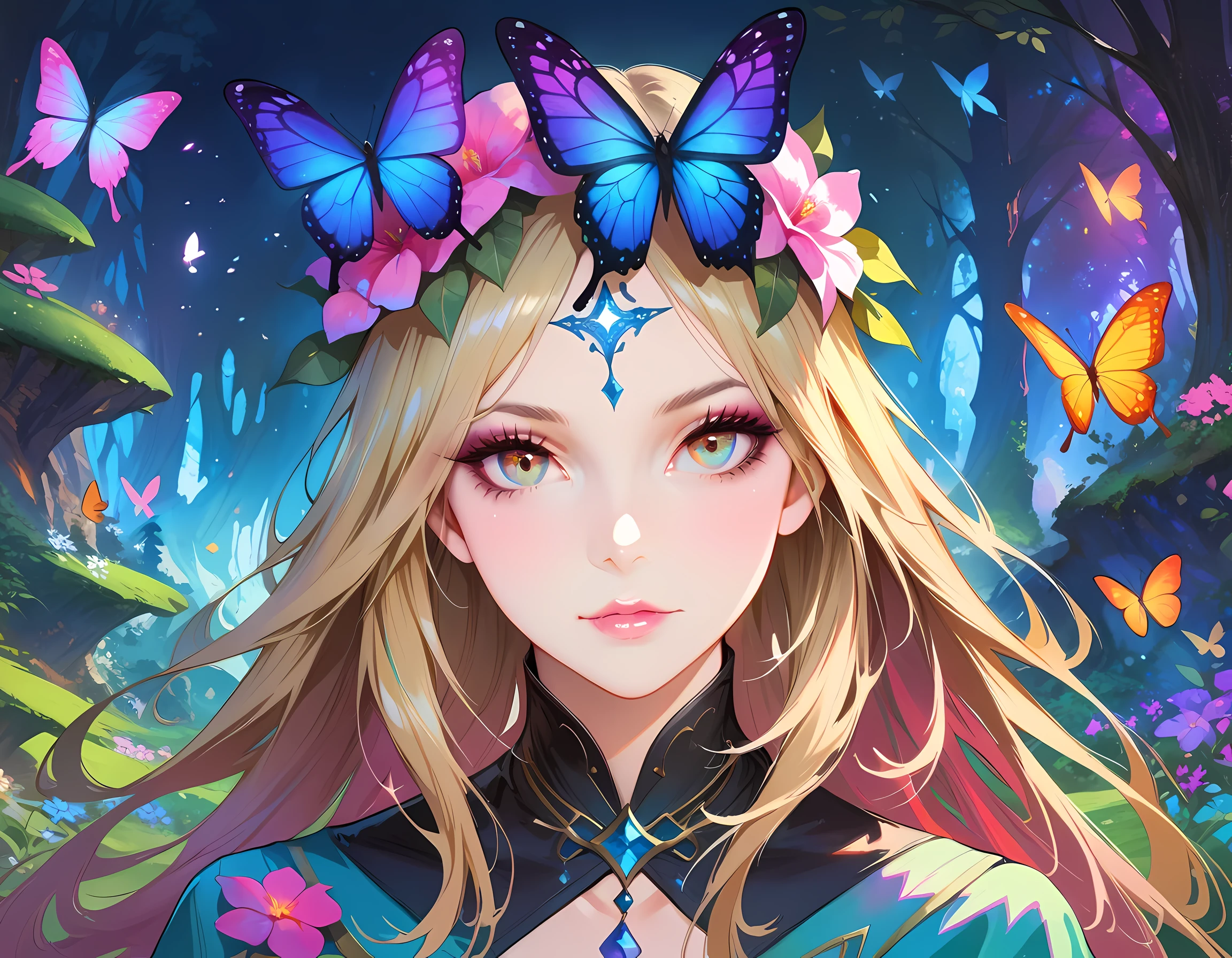 a girl wizard in a magical fantasy world,detailed eyes and face,detailed lips,a magical garden with vibrant flowers and sparkling butterflies,floating castles and enchanted forests,a mystical aura,masterpiece:1.2,ultra-detailed,realistic:1.37,fantasy art style,vivid colors,ethereal lighting