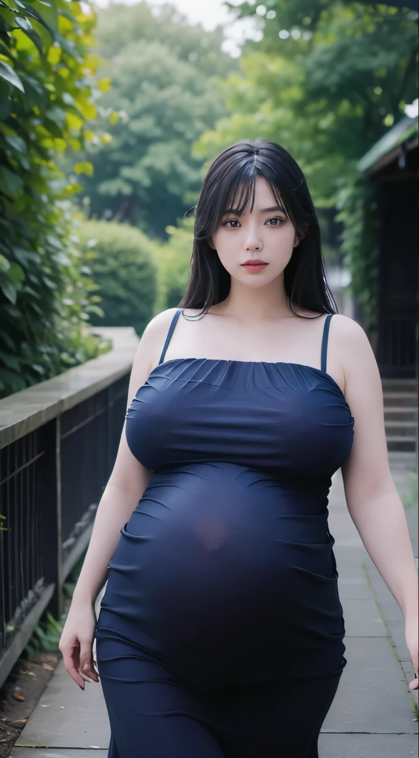 Photorealistic Production, One Person, Realistic Image of a Gorgeous 25 Years Old lady, (huge :1.2), gigantic , ((huge pregnant)) , blue dress,Pale Skin, Waist-up Shot, (Blue-Rose:1.2), Blue-Rose Garden, From Front Shot, Cinematic Shot, and Lighting, Perfect Human Anatomy, Intricate Hand Details, Sharp Focus, Ultra Detailed, Taken with DSLR camera, Depth of Field, Incredibly Realistic Environment and Scene, Master Composition, and Cinematography