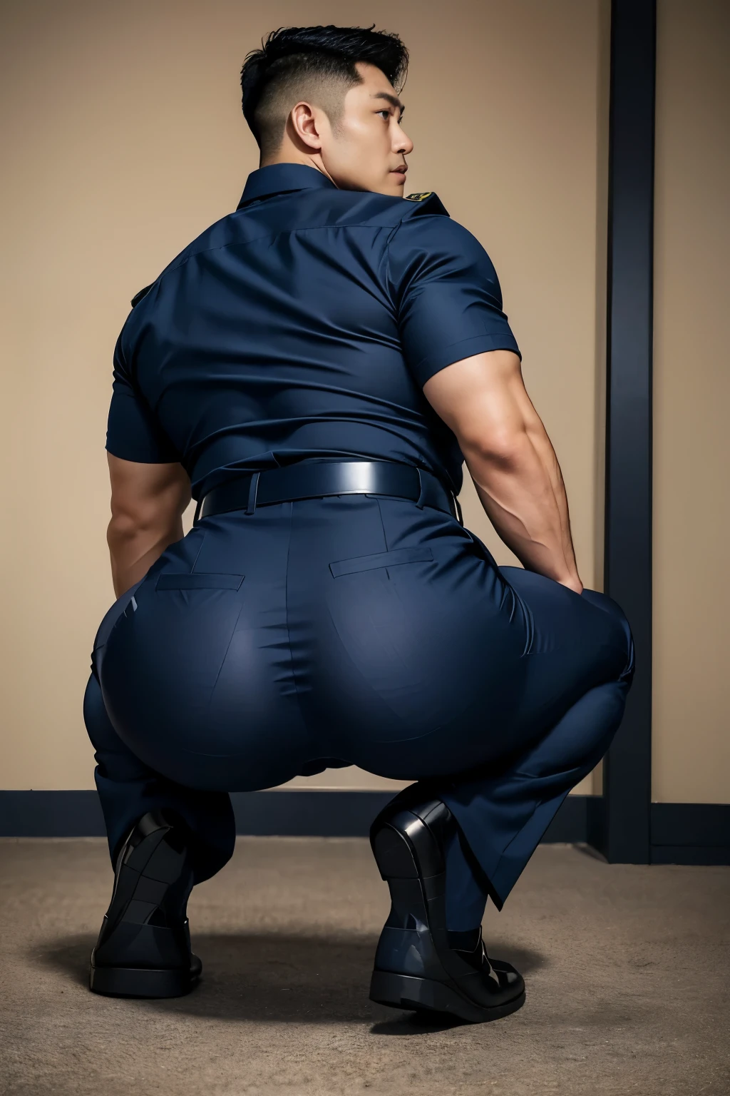 40-year-old boy ,Korean bulky male officer ,Wear navy blue police uniform shirt................ dark blue smooth tight trouser, transparent pants obvious underwear print ,((unrealistic super big tight butt wearing pants)), turn back to look at the camera, squatting on the ground.