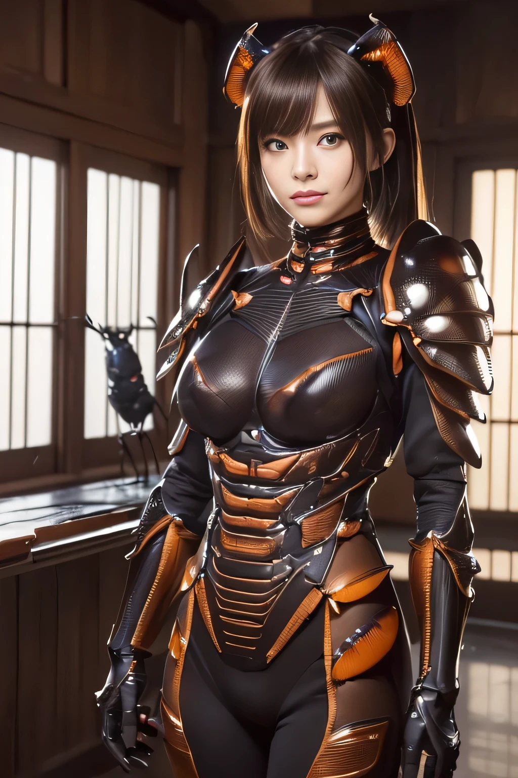 (high resolution,masterpiece,best quality,extremely detailed CG, anime, official art:1.4), realistic, photo, amazing fine details, all intricate, gloss and shiny,awesome many layers, 8k wall paper, 3d, sketch, kawaii, illustration,( solo:1.4), perfect female proportion,villainess, (fusion of dark brown cockroach and lady:1.4), (brown cockroach form lady:1.2), (brown cockroach lady:1.2), (fusion:1.2), (solo:1.4), (evil smile:1.2), muscular, abs, (cockroach brown exoskeleton bio insect suit:1.4), (cockroach brown exoskeleton bio insect armor:1.2), (brown transparency cockroach wing:1.4), (brown cockroach antennae:1.3),