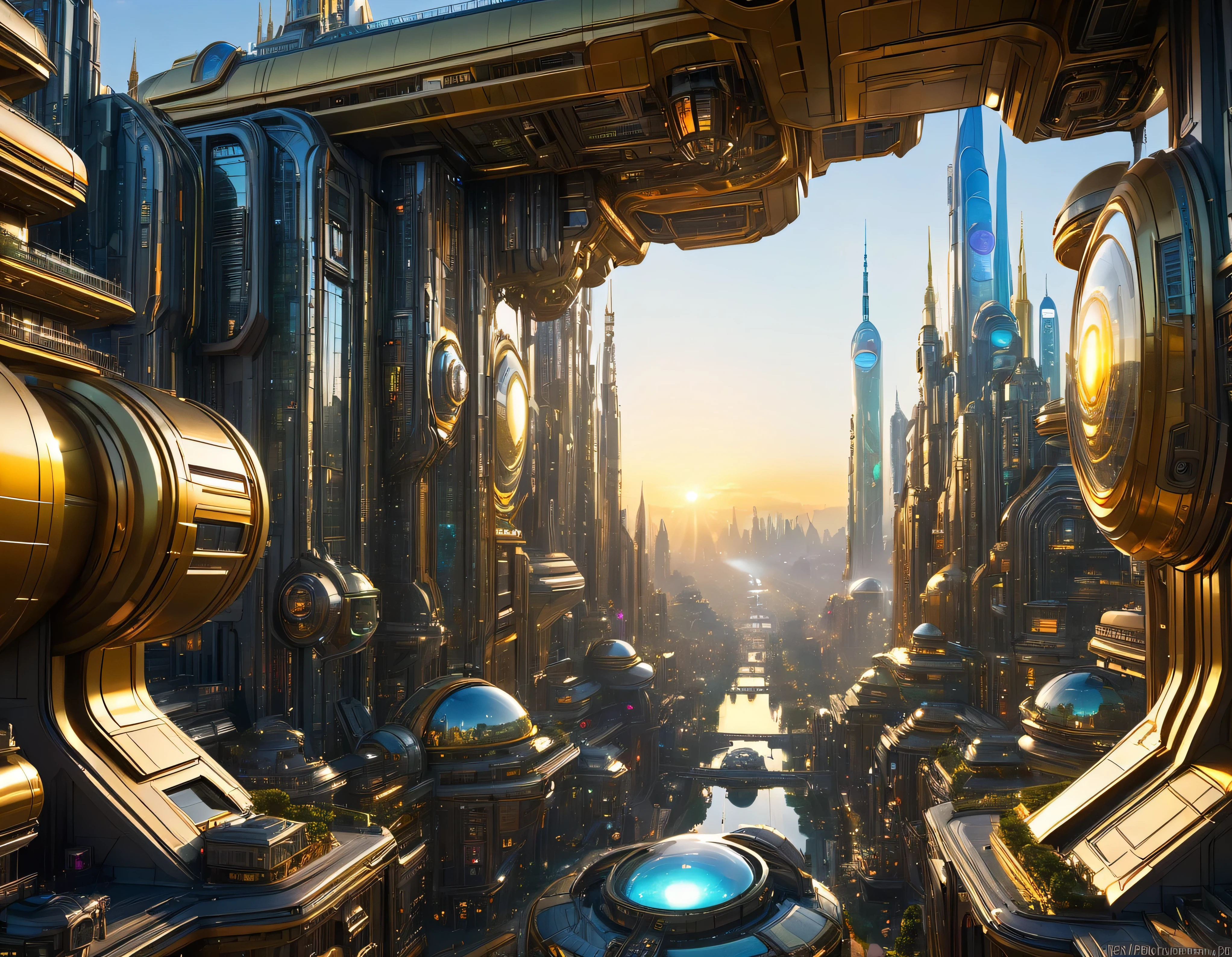 (golden hour lighting), megacity, megalopolis of an imaginary world of science fiction , parecido a una disneylandia futurista, and maximum fantasy, con inmensos edificios y rascacielos ovalados y dodecaedricos agrupados de metal y cristal donde predomina el diamante y los anuncios luminosos de colores. imagen bien definida 8k, (intrincados detalles de la maquina), con muchos edificios juntos.(obra maestra de superior calidad).(imagen fotorrealista), nitidez absoluta hasta el fondo