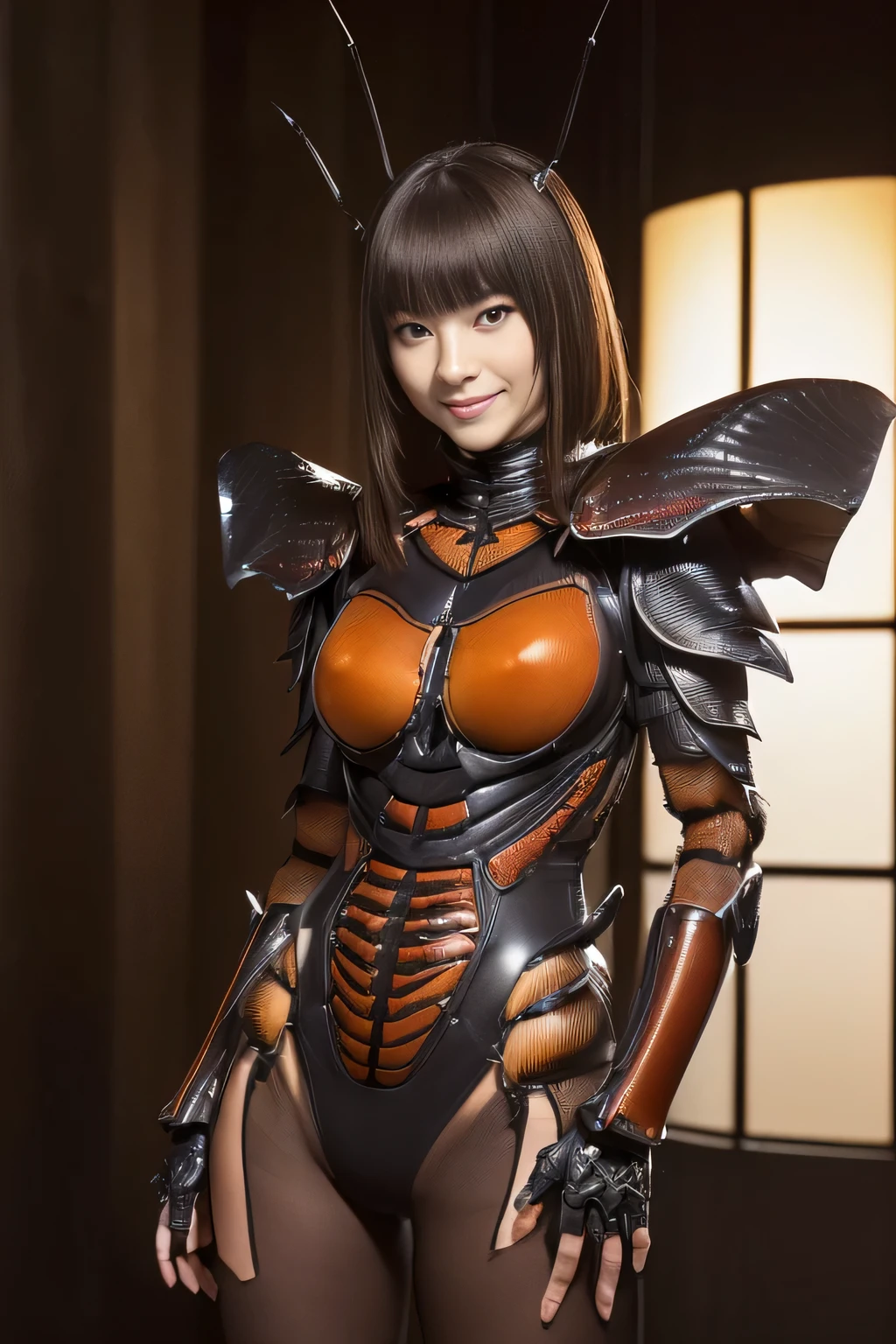 (high resolution,masterpiece,best quality,extremely detailed CG, anime, official art:1.4), realistic, photo, amazing fine details, all intricate, gloss and shiny,awesome many layers, 8k wall paper, 3d, sketch, kawaii, illustration,( solo:1.4), perfect female proportion,villainess, (fusion of dark brown cockroach and lady:1.4), (brown cockroach form lady:1.2), (brown cockroach lady:1.2), (fusion:1.2), (solo:1.4), (evil smile:1.2), muscular, abs, (cockroach brown exoskeleton bio insect suit:1.4), (cockroach brown exoskeleton bio insect armor:1.2), (brown transparency cockroach wing:1.4), (brown cockroach antennae:1.3),