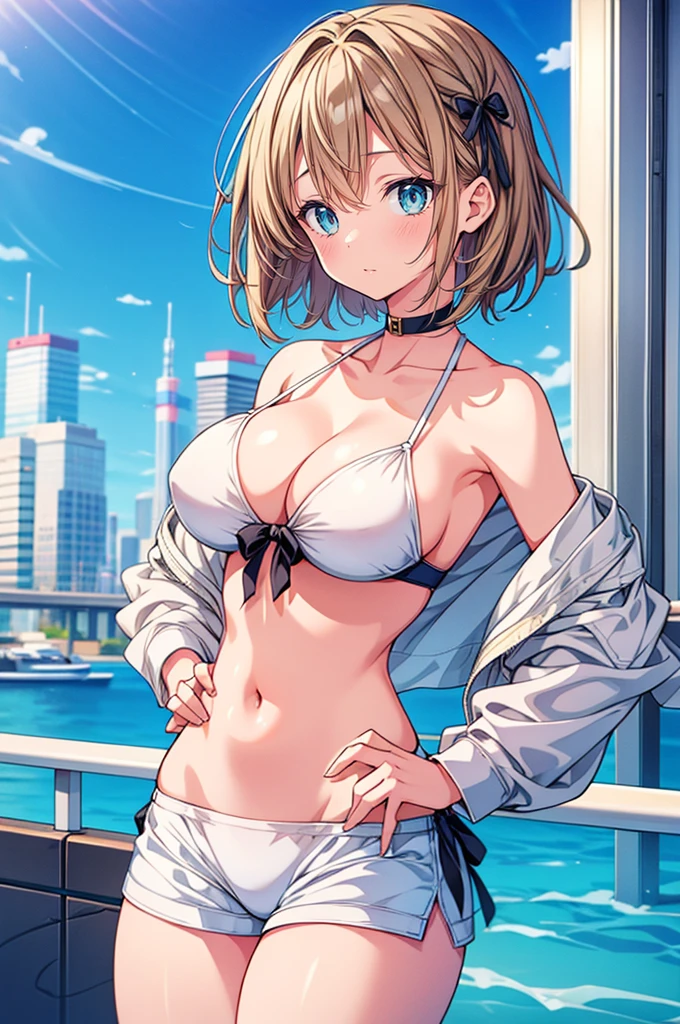 1girl, white bikini, black jeans, big breast, medium thighs, standing pose, one hand on the hip, big city, tokyo, looking at the viewer, short hair, light brown hair, hair ribbon, aqua eyes, half-closed eyes, blush, yandere, atmospheric perspective, cowboy shot, anime, best quality, high details, masterpiece, 8k