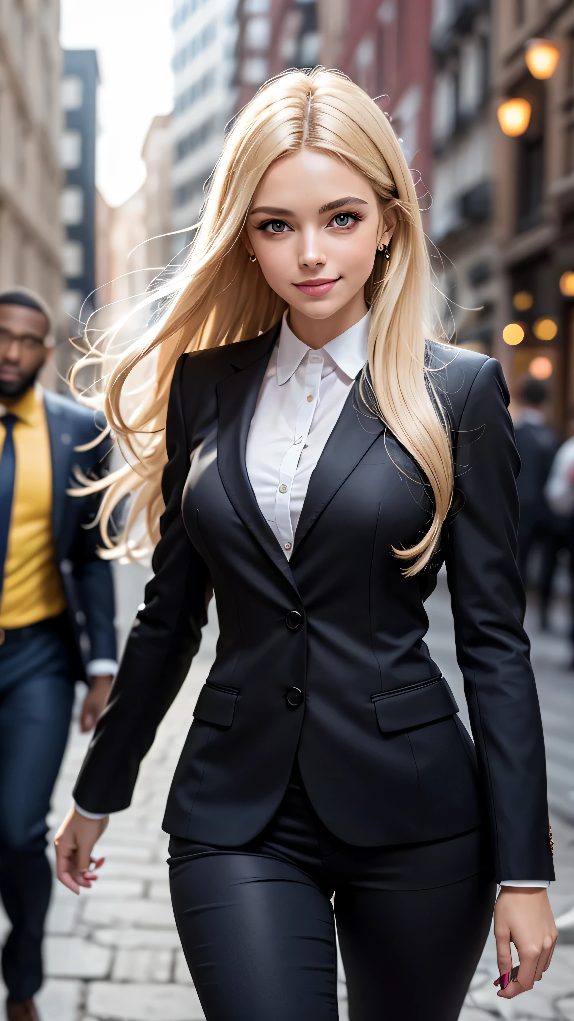 (masterpiece:0.8), best quality:1.5, 8K, cinematic, spotlight, glisten, dark suntan, bokeh, city street background, (realistic), skinny athletic girl (barbie face, (black men's business suit, yellow shirt)), blemish:0.5, (clearblue eyes, long blonde hair, ponytail, smiling)