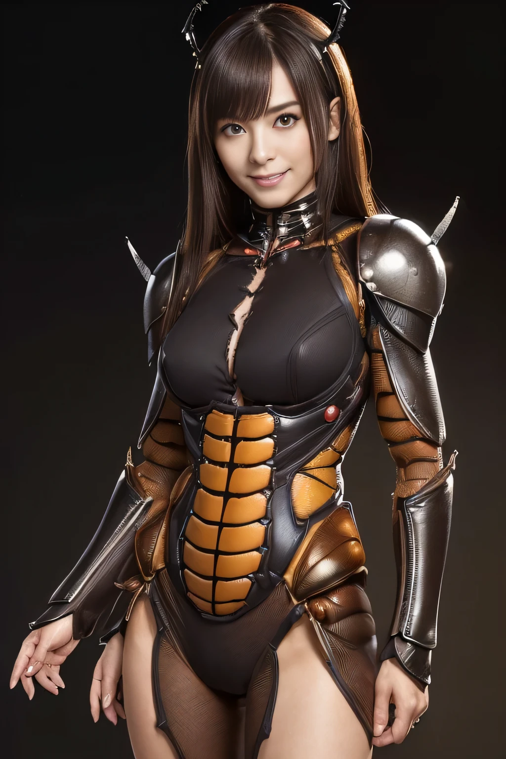 (high resolution,masterpiece,best quality,extremely detailed CG, anime, official art:1.4), realistic, photo, amazing fine details, all intricate, gloss and shiny,awesome many layers, 8k wall paper, 3d, sketch, kawaii, illustration,( solo:1.4), perfect female proportion,villainess, (fusion of dark brown cockroach and lady:1.4), (brown cockroach form lady:1.2), (brown cockroach lady:1.2), (fusion:1.2), (solo:1.4), (evil smile:1.2), muscular, abs, (cockroach brown exoskeleton bio insect suit:1.4), (cockroach brown exoskeleton bio insect armor:1.2), (brown transparency cockroach wing:1.4), (brown cockroach antennae:1.3),