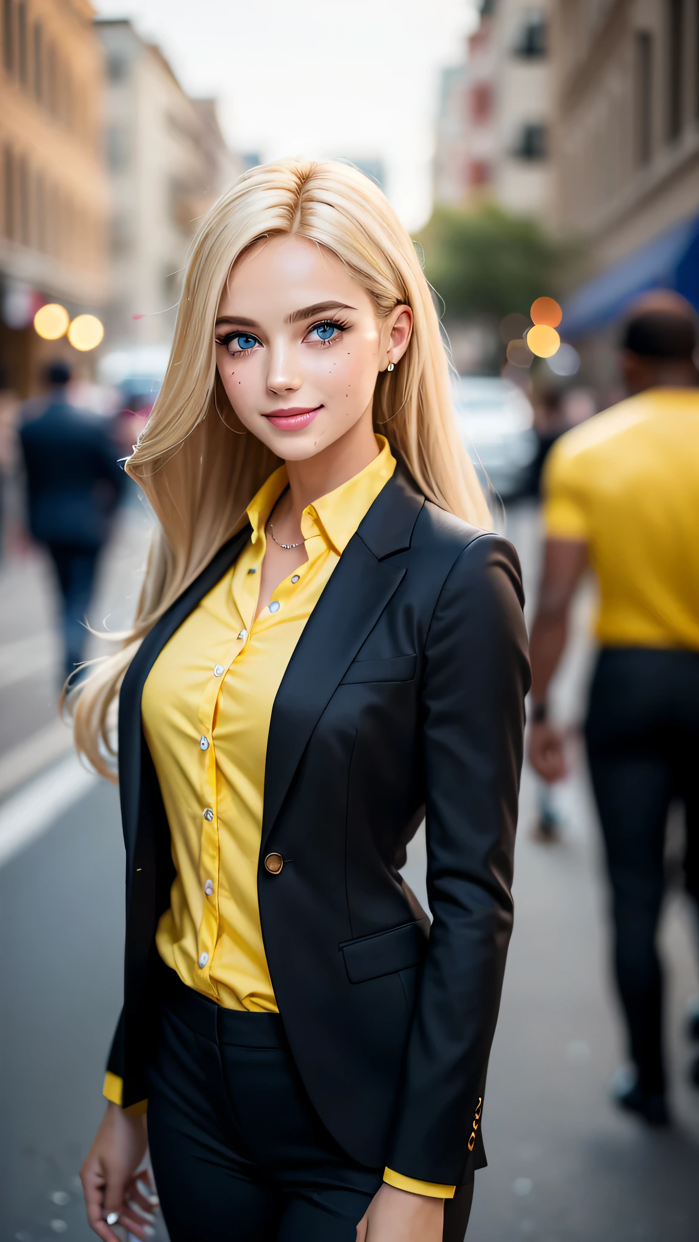 (masterpiece:0.8), best quality:1.5, 8K, cinematic, spotlight, glisten, dark suntan, bokeh, city street background, (realistic), skinny athletic girl (barbie face, (black men's business suit, yellow shirt)), blemish:0.5, (clearblue eyes, long blonde hair, ponytail, smiling)