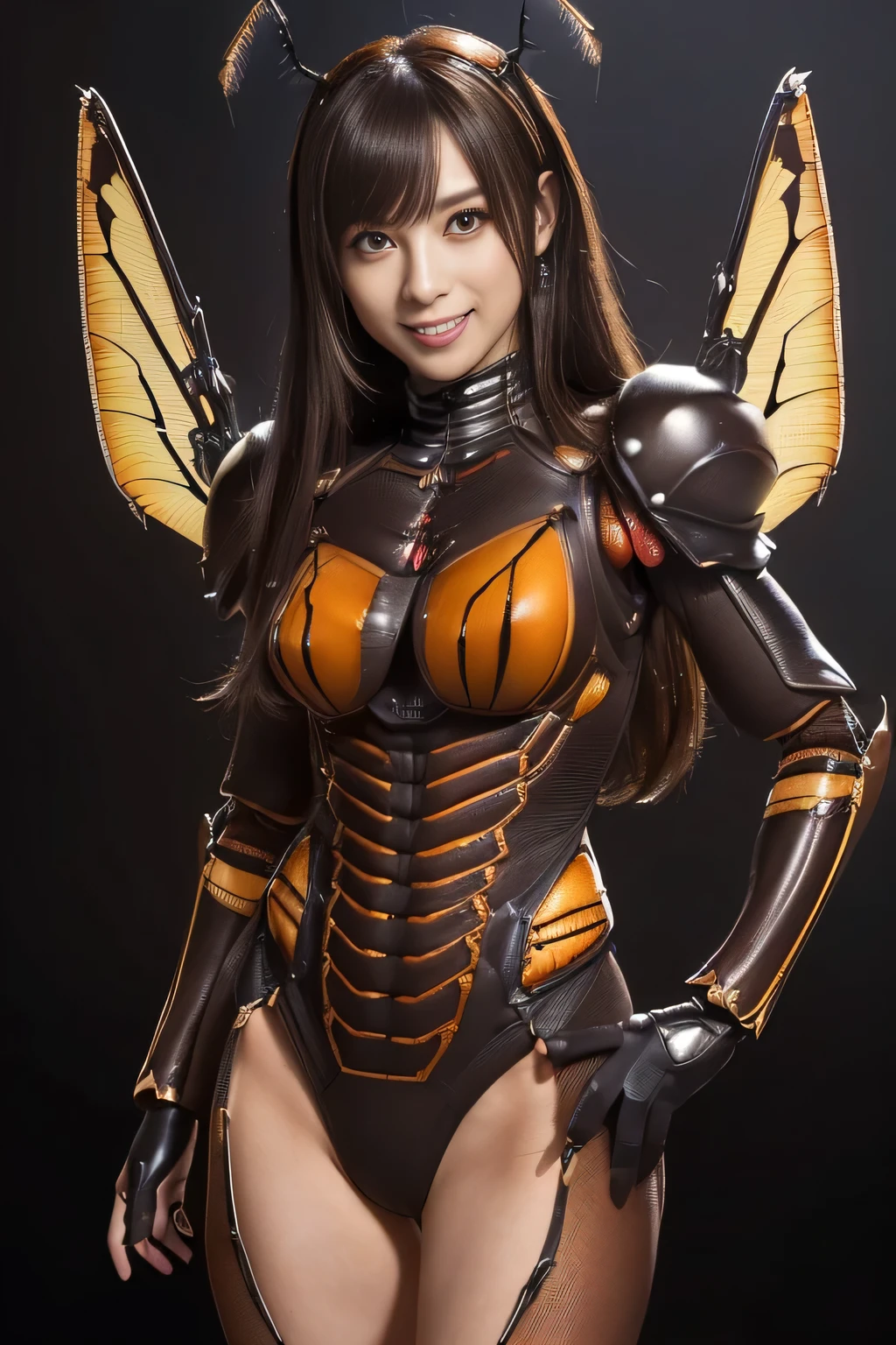 (high resolution,masterpiece,best quality,extremely detailed CG, anime, official art:1.4), realistic, photo, amazing fine details, all intricate, gloss and shiny,awesome many layers, 8k wall paper, 3d, sketch, kawaii, illustration,( solo:1.4), perfect female proportion,villainess, (fusion of dark brown cockroach and lady:1.4), (brown cockroach form lady:1.2), (brown cockroach lady:1.2), (fusion:1.2), (solo:1.4), (evil smile:1.2), muscular, abs, (cockroach brown exoskeleton bio insect suit:1.4), (cockroach brown exoskeleton bio insect armor:1.2), (brown transparency cockroach wing:1.4), (brown cockroach antennae:1.3),
