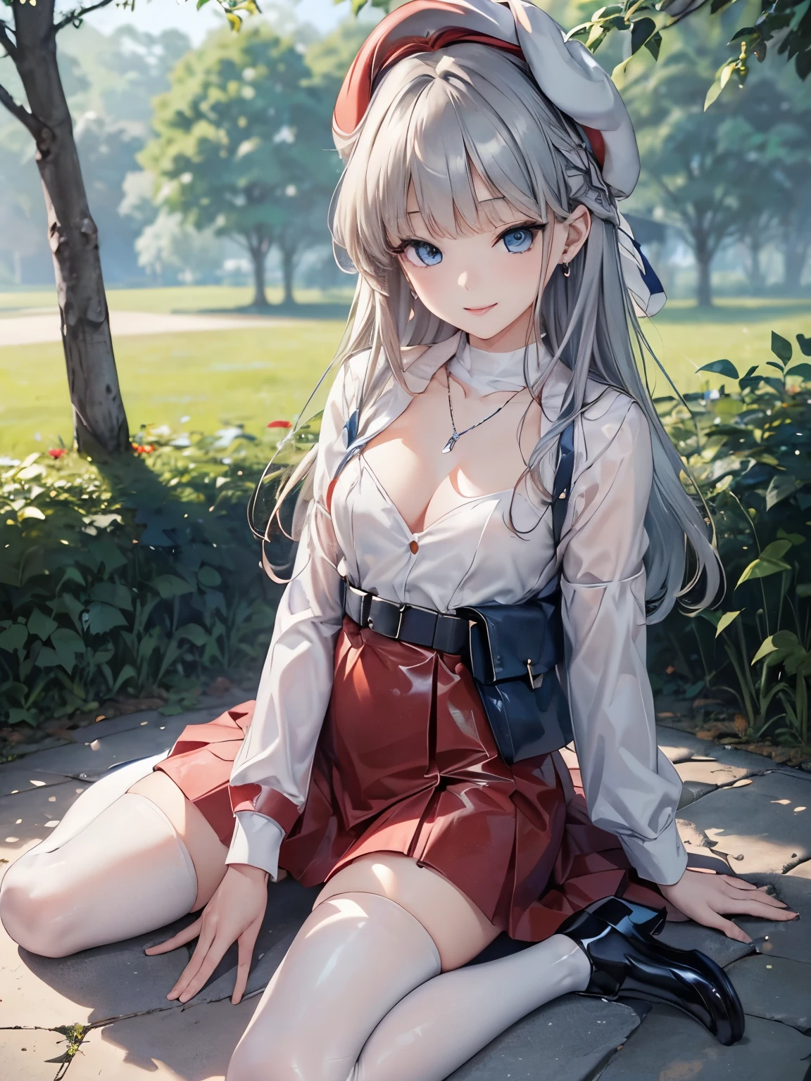 ((Biologically correct number of limbs))、(( from head to toe、Full body photo including face))、4K、((standing position))、masterpiece、((focus on the face))、((Symmetrical facial features))、Eyes of minute description、Beautiful woman、outstanding style、beautiful arms、beautiful legs、beautiful hands、(small ass、thin thighs)、Detailed depiction of faces、small earrings、necklace、(White Latex Uniform、red latex skirt、high heels、stockings)、close up of face、smile、The background is the park in the morning、beret、blue-silver hair、blue eyes、