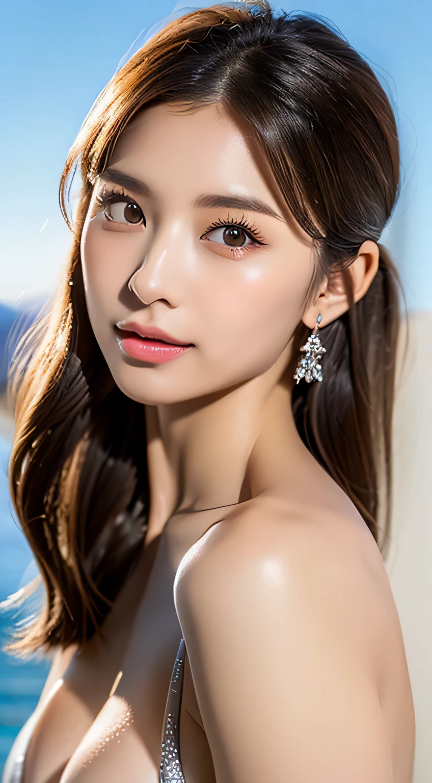 ((highest quality, 8K, masterpiece :1.3)), (realistic, Photoreal:1.4), sharp focus:1.2,
Bright colors, professional level, shallow depth of field,
20-year-old, (Half Japanese and half German woman), 1 person, A beautiful face with intelligence,
Supple body :1.3, model body shape:1.5, 頭w:1.4, perfect style:1.4,
narrow shoulders, beautiful clavicle, long and thin legs, The beauty of slim abs :1.2, thin waist :1.2,
super detailed skin, Fair skin, Shiny skin,
super detailed face, slim facial contour, beautiful small face, Beautiful lined nose,
super detailed eyes, long slit eyes, brown eyes, double eyelid, beautiful thin eyebrows, fine long eyelashes,
super detailed lips, plump lips, glossy pink lips, flushed cheeks, beautiful teeth,
Beautiful actress's ennui makeup, pink lipstick, silver necklace, earrings,
light brown hair, delicate soft hair,
(hair up, ponytail :1.2), layer cut, (dull bangs:1.2),
(Dress up with trendy fashion:1.2),
gentle smile, open mouth half way, Enchanted expression, stare at the camera,
(Full body image from the waist), dynamic lighting,
((She is completely naked and wearing a silver micro bikini with a wide open chest.:1.2)),
(perfect breast shape, B cup:1.2), A small pink areola,
She has a cute plump butt, My thighs are dazzling,
Perspective from above, pay attention to the thighs,
White House on Santorini, blue sky and aegean sea, Beautiful hot springs,