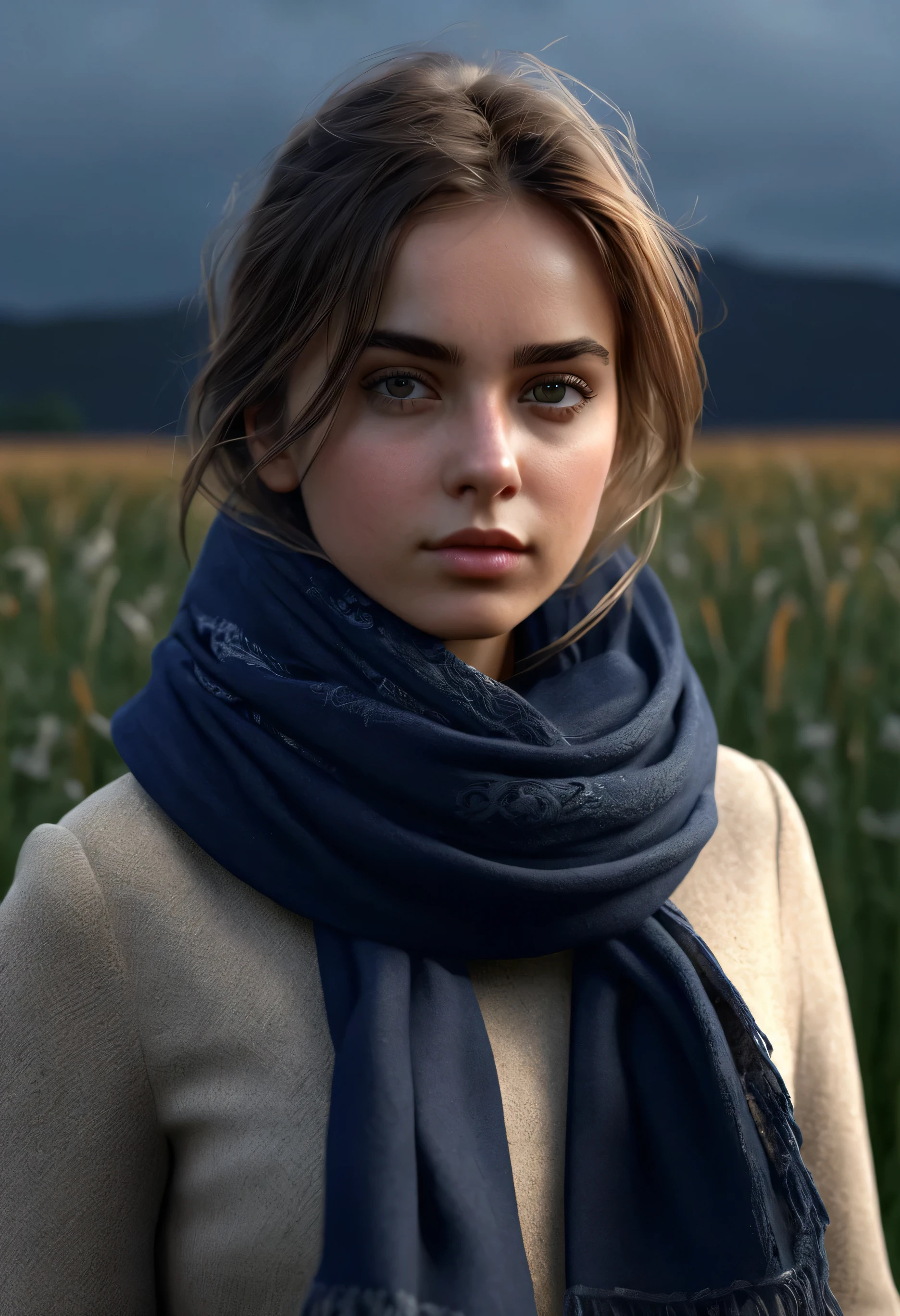 8k, best quality, masterpiece, realistic, ultra detail, photo realistic, Increase quality,
a photo of a girl standing in a field with a scarf, in the style of dark and brooding designer, voluminous mass, photobash, serene faces, jagged edges, navy, natural beauty, close-up shot