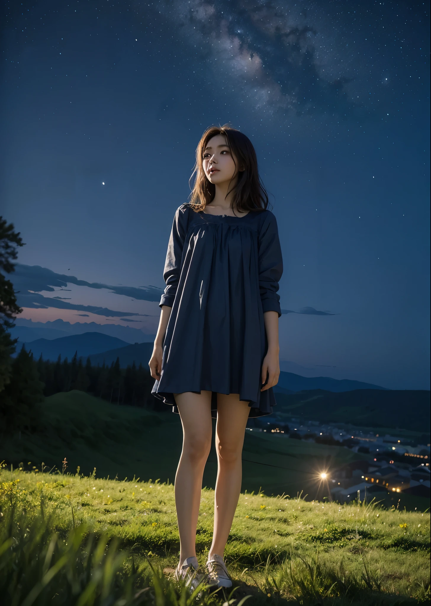 A girl stands in a meadow with short grass at night、Woman in nightdress、brown hair、full body photo、City lights below、Aurora in the moonlit sky、masterpiece、highest quality、Super detailed、official art