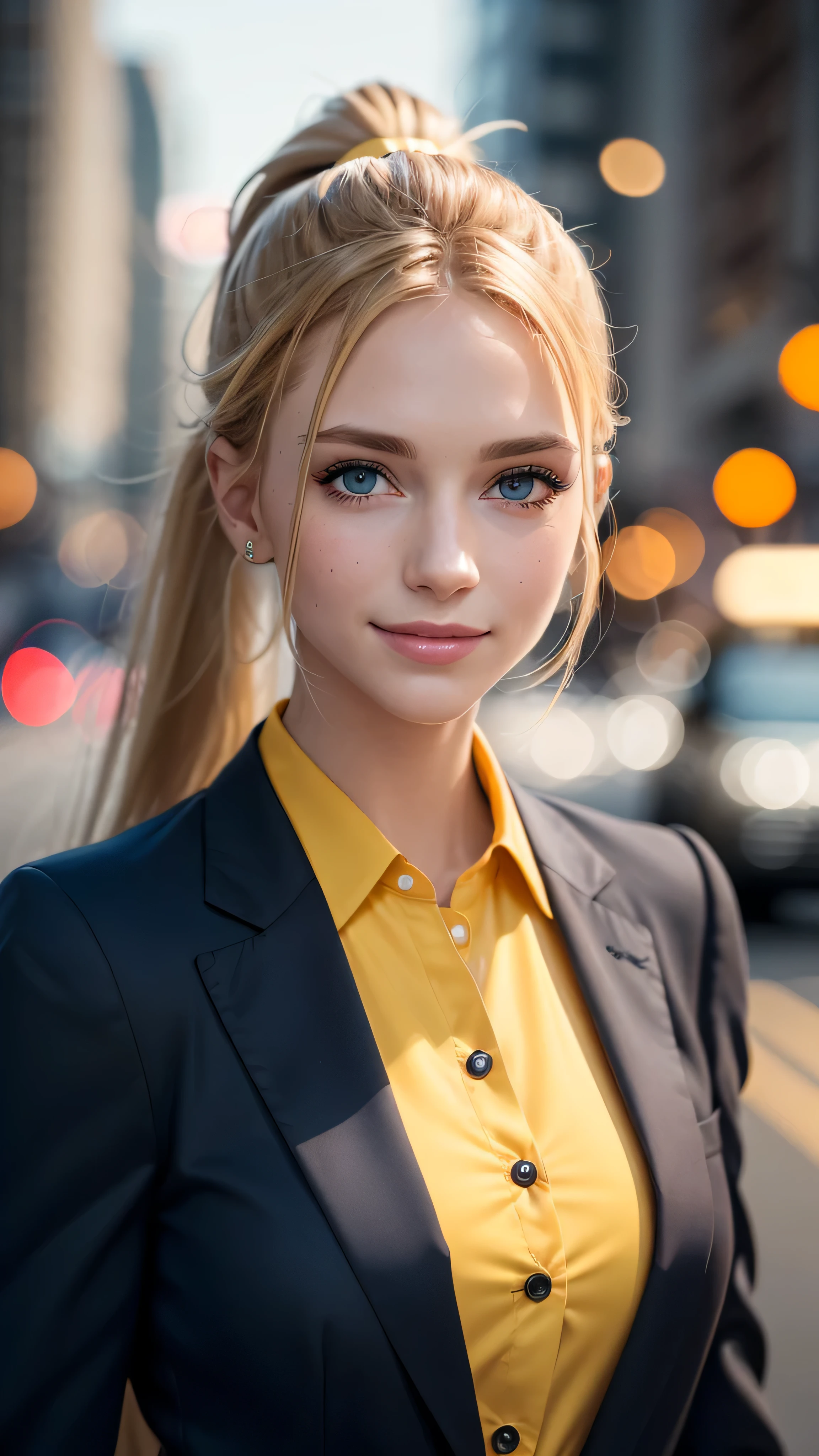 (masterpiece:0.8), best quality:1.5, 8K, cinematic, spotlight, glisten, dark suntan, bokeh, city street background, (realistic), skinny athletic girl (barbie face, (black men's business suit, yellow shirt)), blemish:0.5, (clearblue eyes, long blonde hair, ponytail, smiling)