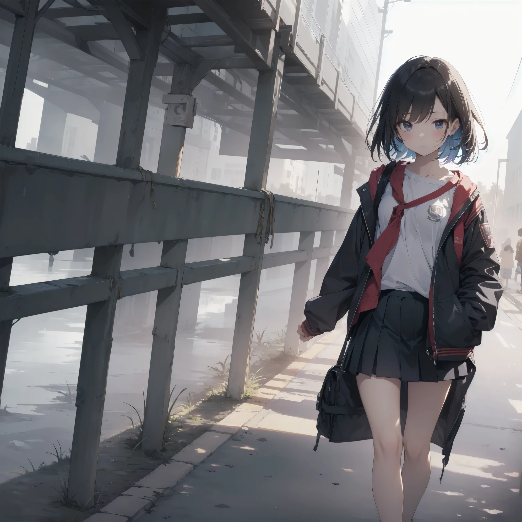 ultra-absurdres-Top quality by art God, ultra-detailed, high resolution, anime moe artstyle, best anime 8k konachan wallpaper, pixiv contest winner, perfect anatomy,break, 1girl, (Please draw a girl walking sleepily to school alone. )break,(Solo,little female, 13-year-old:1.3),Full limbs, complete fingers,a junior high school student, Attractiveness of immature bodies, (very short hair), short cut, flat chest, , small butt, groin, small black eyes, beautiful detailed eyes, well-proportioned iris and pupils, expressive eyes, highres detailed hair, soft expression, school_uniform, pleated skirt,(Detailed Lighting), (Detailed background), in the School commute route. break,super detailed skin, Best cinematic lighting powered by famous artist, 8k,beauty illustration,photoshop_(medium),very aesthetic,break,((artist:core)), artist:fukahire_(ruinon),artist:sekiya asami,artist:kantoku,