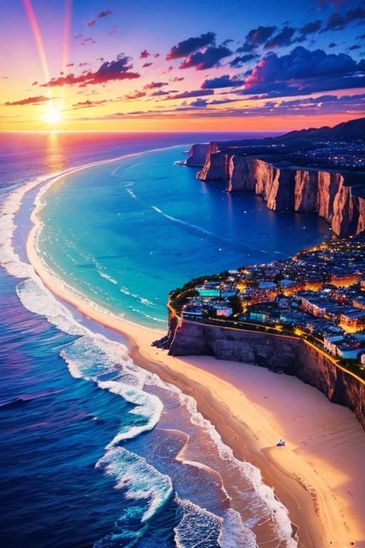 Colorful ocean, big rainbow clouds, private beach, sunset, spectacular scenery, reincarnation, polar regions, phoenix, big full moon, angel ladder