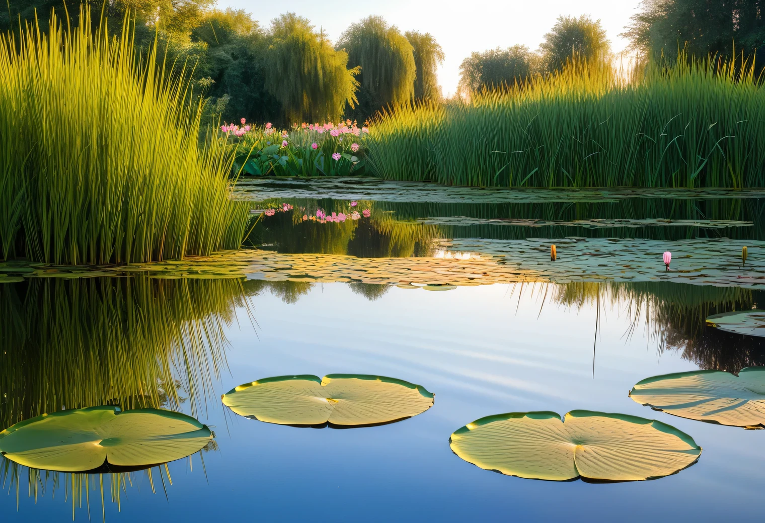 Beautiful evening pond in a green park in the rays of the setting sun, reeds and water lilies, the mirrored surface of the pond reflects the evening sky, evening pond, palette of evening colors, quiet, calm, beautiful, the image is shown in detail, 32k