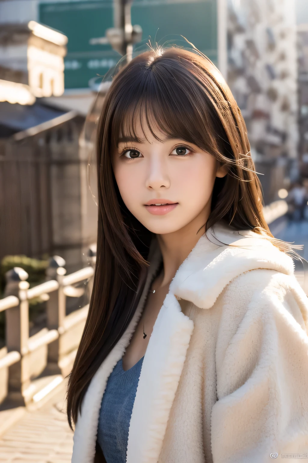 (8K, RAW photo, highest quality, masterpiece:1.3), (realistic, photo-realistic:1.4), (Highly detailed 8K wallpaper), sharp focus, Depth of written boundary,
japanese idol,very cute, baby face,(coat:1.3),(long hair :1.3), Upper body, highly detailed face and eyes,((shiny skin:1.2)), cinematic lighting, soft light, blur background, (A city with historical landmarks, such as a castle or a cathedral)