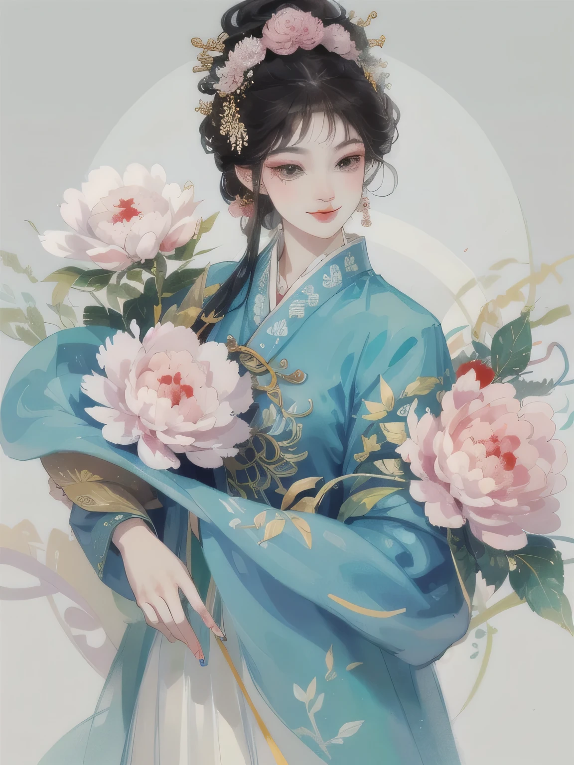 A cheerful elegant 16 years old ancient Chinese beauty, wearing ancient Chinese clothing, pastel-colored clothes, hand holding round fan, lazy pose, flowing tulle, light bright color silk, big peony leaf, peony flower, ink painting style, clean color, decisive cut, blank space, masterpiece, super detailed , epic composition, bright background