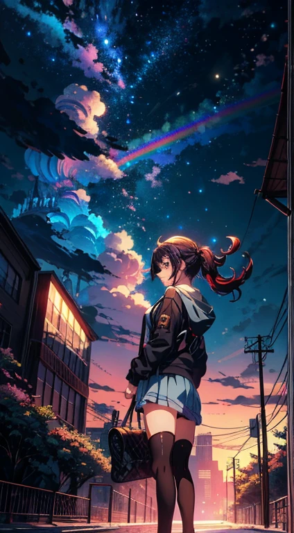 Anime girl standing in big city looking at rainbow sky,Near Future City、 makoto shinkai cyril rolando, anime art wallpaper 4k, anime art wallpaper 4k, Anime art wallpaper 8k, inspired by Cyril Rolando, in the style dan mumford artwork, amazing wallpapers, by Yuumei