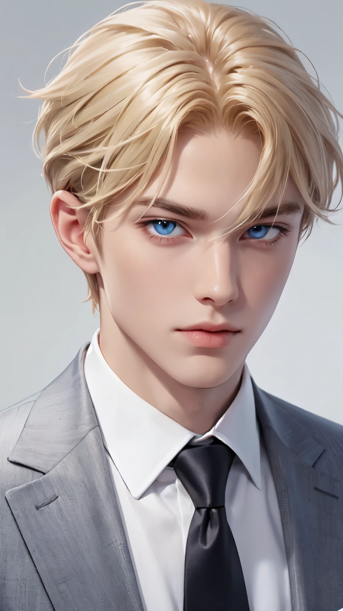 Boy, blond hair, blue eyes, sharp features, white skin, formal style