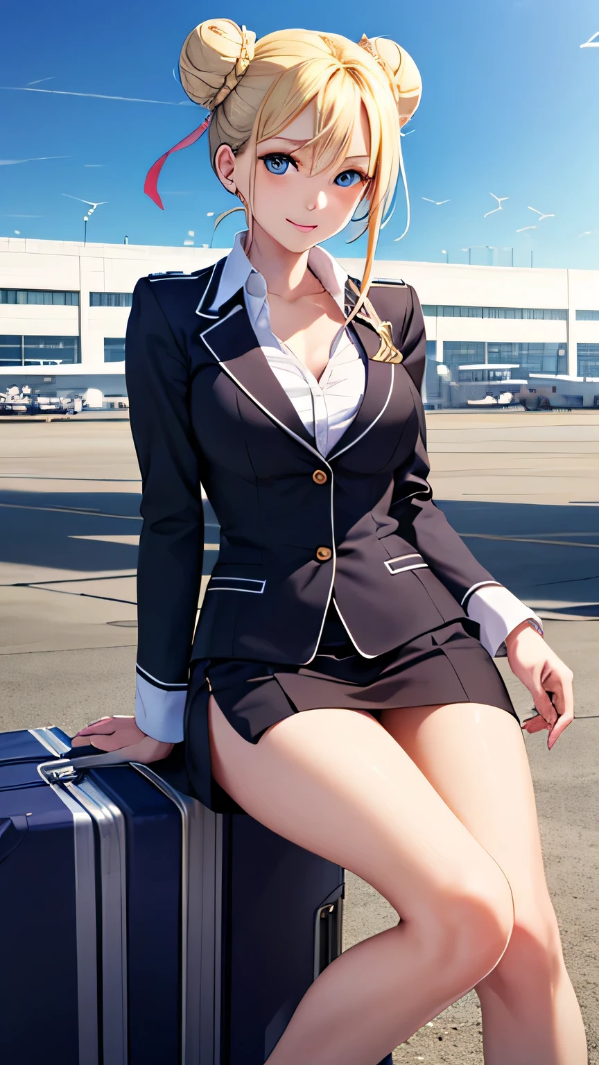 (masterpiece:1.2, highest quality), (realistic, photorealistic:1.4), beautiful illustrations, (natural side lighting, movie lighting),
1 girl, 25 years old、perfect face, Cute symmetrical face, shiny skin, (blonde、low bun:1.3)、blue eyes、hair between eyes, slanted eyes, long eyelashes, Medium chest, (cabin attendant), stewardess uniform(stewardess uniform)、red silk scarf、1 suitcase、
beautiful hair, beautiful face, smile、fine and beautiful eyes, beautiful clavicle, beautiful body, beautiful breasts, beautiful thighs, beautiful feet, beautiful fingers,
((airport、Airplane 1.5),blue sky, head tilt,