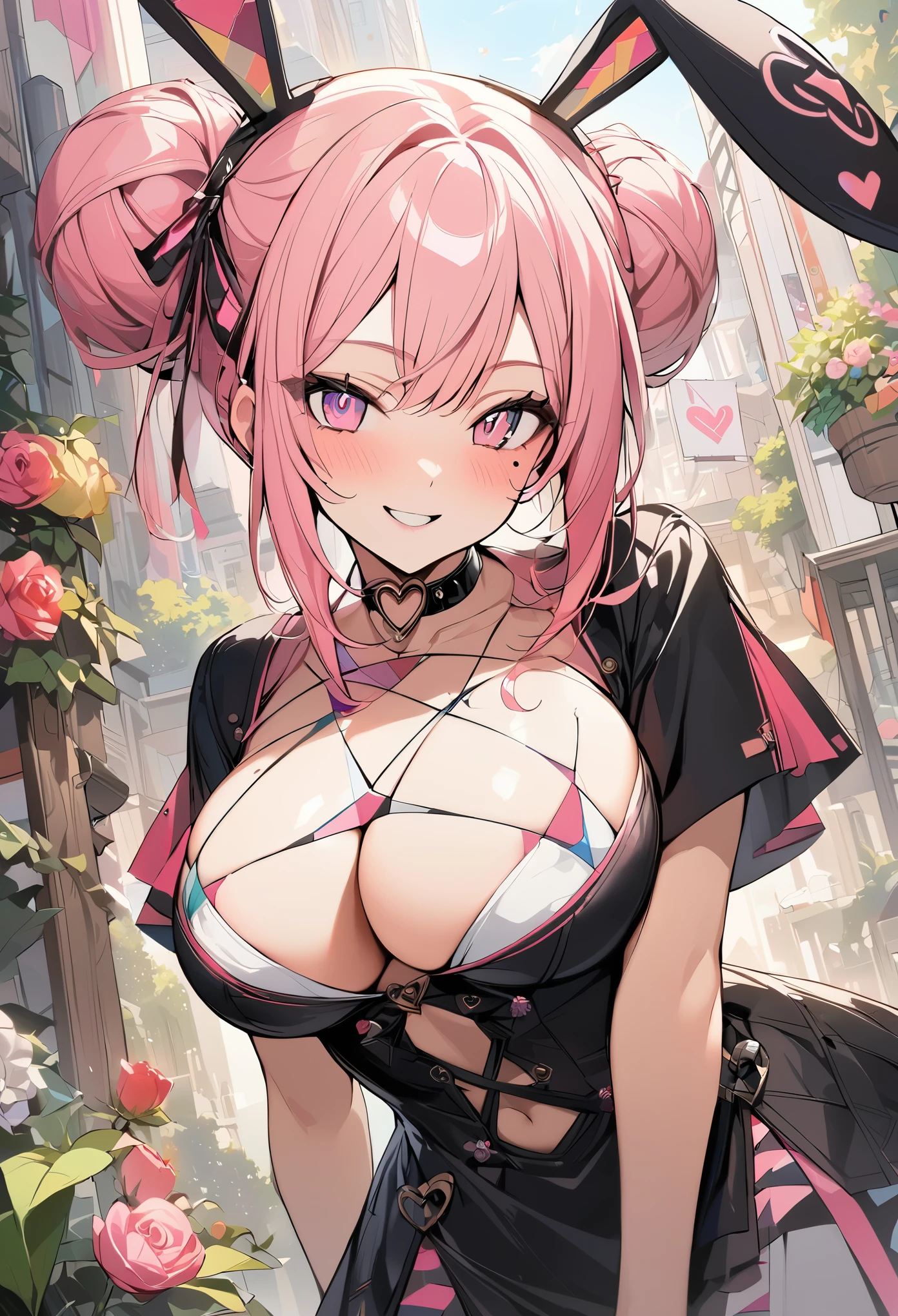 1 girl, pink long bun hair, heart shaped eyes, ♡, rabbit ear idol, {Pink bob hair bun girl、 The name Nami}, (Pink eye color), {downtown}, (smile), bright background , mole under eye, heart shaped choker, (masterpiece, highest quality), very detailed, highest quality, official art, beautiful and aesthetic: 1.2), (1 girl), very detailed, (geometry art: 1.3), colorful, most detailed ?d1 girl, pink long bun hair, Eye of the symbol, +__+, big breasts, gothic costume, {A girl with long pink bun hair The name Nami}, (Pink eye color), {downtown}, (smile), bright background, （garden,beautiful flower々）,mole under eye, heart shaped choker, (masterpiece, highest quality), official art, beautiful and aesthetic: 1.2), (1 girl), very detailed, (geometry art: 1.3), colorful