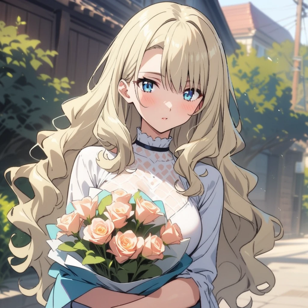 (mireille bouquet:1.1),1 beauty,adult female,blonde hair,long hair,Wavy hair only in the lower half,gradation blue eyes,(masterpiece:1.1、High resolution:1.2)