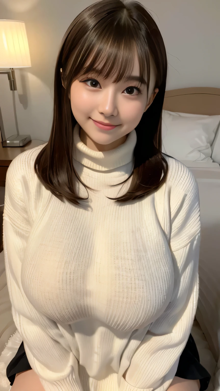 8K,Raw photography,top-quality,masterpiece,realisitic,ultra-detailliert,Professional Lighting,One cute girl in the Japan,23years old,sitting on the bed,(Huge breasts,drooping chest:1.2),turtlenecks sweater,(huge smile),(Brunette chignon hair,Bangs),midnight