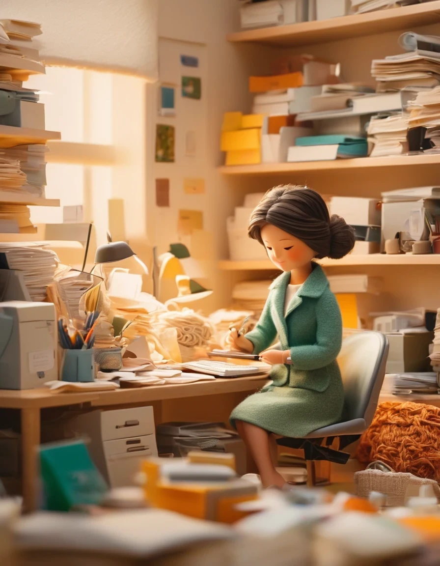 The lovely world of wool felt, An office woman working overtime, happy, Computer, Documentation, realistic hyper-detail, soft-focus, chibi, Tilt-shift ,super lighting, volumetrics, Jon Klassen, in focus,80mm lens, Large aperture, light colors, --ar 1:1 --stylize 750