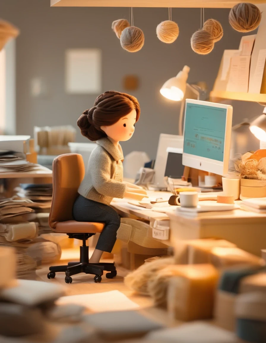 The lovely world of wool felt, An office woman working overtime, happy, Computer, Documentation, realistic hyper-detail, soft-focus, chibi, Tilt-shift ,super lighting, volumetrics, Jon Klassen, in focus,80mm lens, Large aperture, light colors, --ar 1:1 --stylize 750