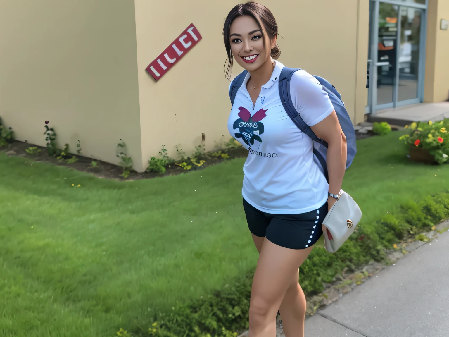 smiling woman in a white shirt and black shorts standing on the sidewalk, student, walking proudly down the street, in front of an inn, in the background, beautiful scenery. She is 155 cm tall and around 40 years old. A woman with tanned white skin and dark hair. She is around 40 years old. She has slightly full lips and dark brown eyes. Perfect body, slim body, slim waist. tanned skin, soft lips, red lipstick, a feeling of lightness and joy, hyperrealism, very elaborate skin. Fitness woman, fit woman, physically fit woman, full body photo, clear photo, high quality, high resolution, masterpiece, 8K.