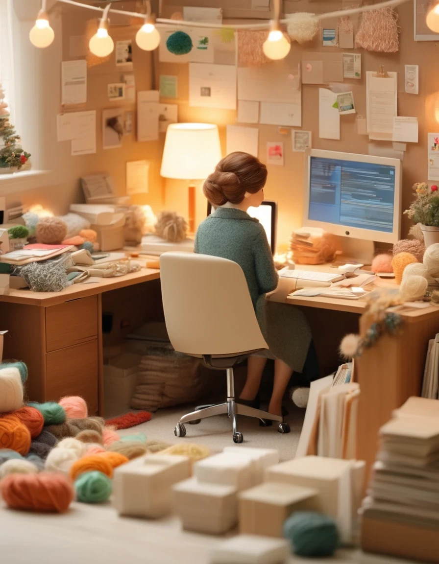 The lovely world of wool felt, An office woman working overtime, happy, Computer, Documentation, realistic hyper-detail, soft-focus, chibi, Tilt-shift ,super lighting, volumetrics, Jon Klassen, in focus,80mm lens, Large aperture, light colors, --ar 1:1 --stylize 750