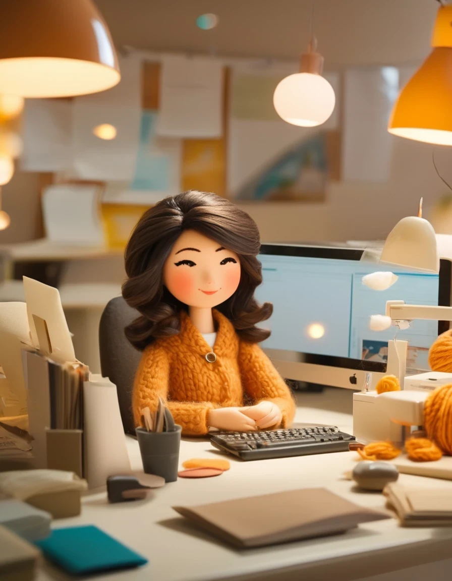 The lovely world of wool felt, An office woman working overtime, happy, Computer, Documentation, realistic hyper-detail, soft-focus, chibi, Tilt-shift ,super lighting, volumetrics, Jon Klassen, in focus,80mm lens, Large aperture, light colors, --ar 1:1 --stylize 750
