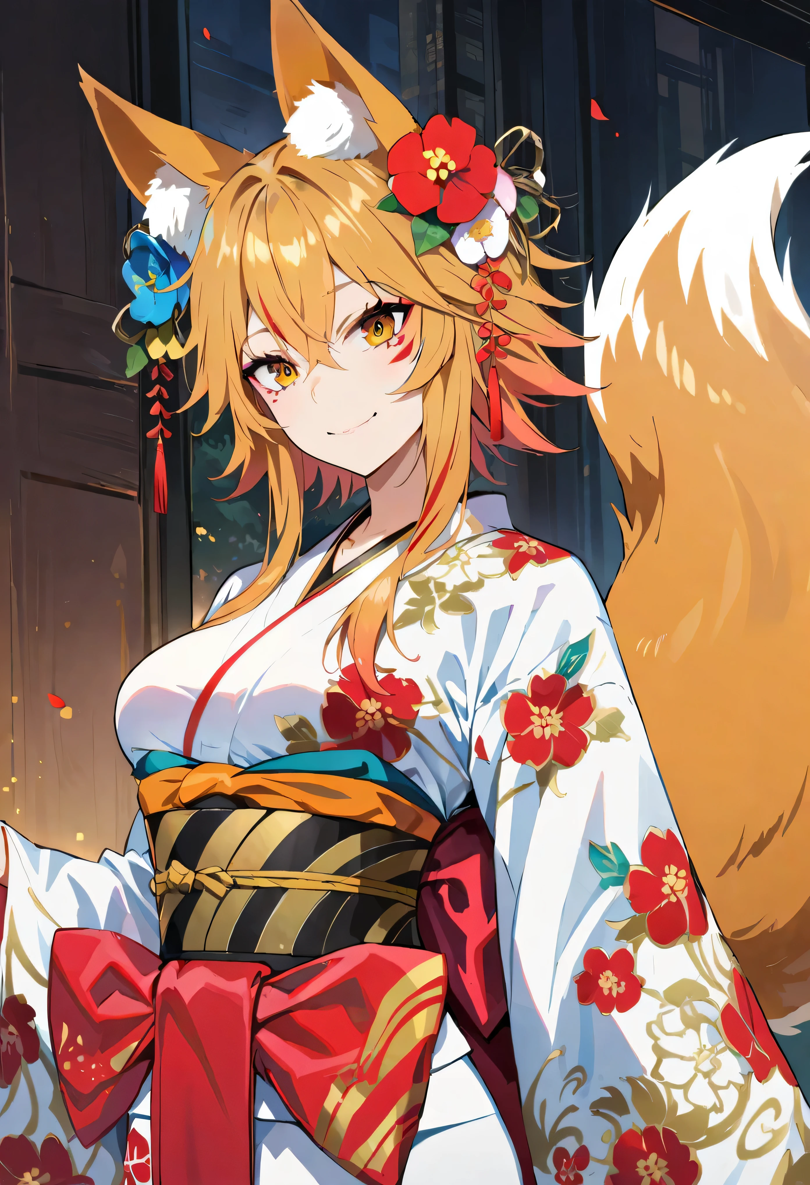 Fox personification, In front of Tamamo, fox ears, fox tail, kimono, sensational, ((masterpiece)),4k,very detailed,