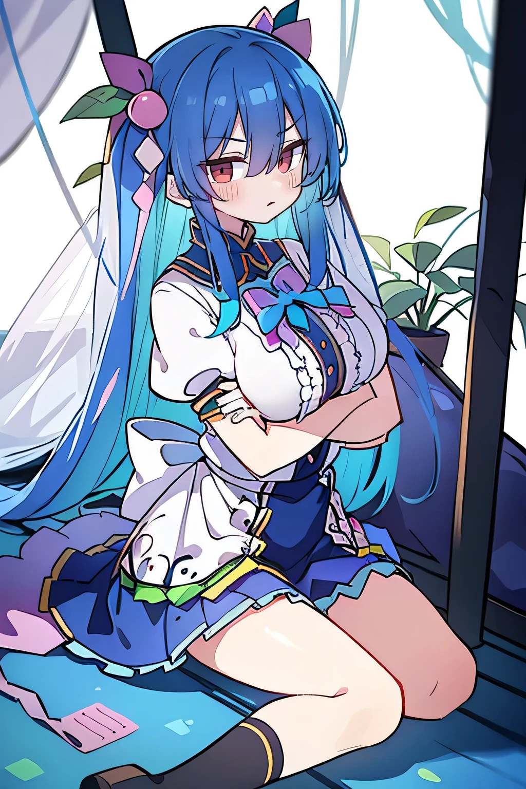 (masterpiece),best quality, expressive eyes, perfect face,sit, sit on ground, Legs on the ground, 1girl,
Big breasts, H cup, Good breasts, crossed arms, fair, Gorgeous,Japanese cartoons,girl,lola,Hina Angel, blue hair, blue haired,tent , tent chest, tent breast, floating clothes
